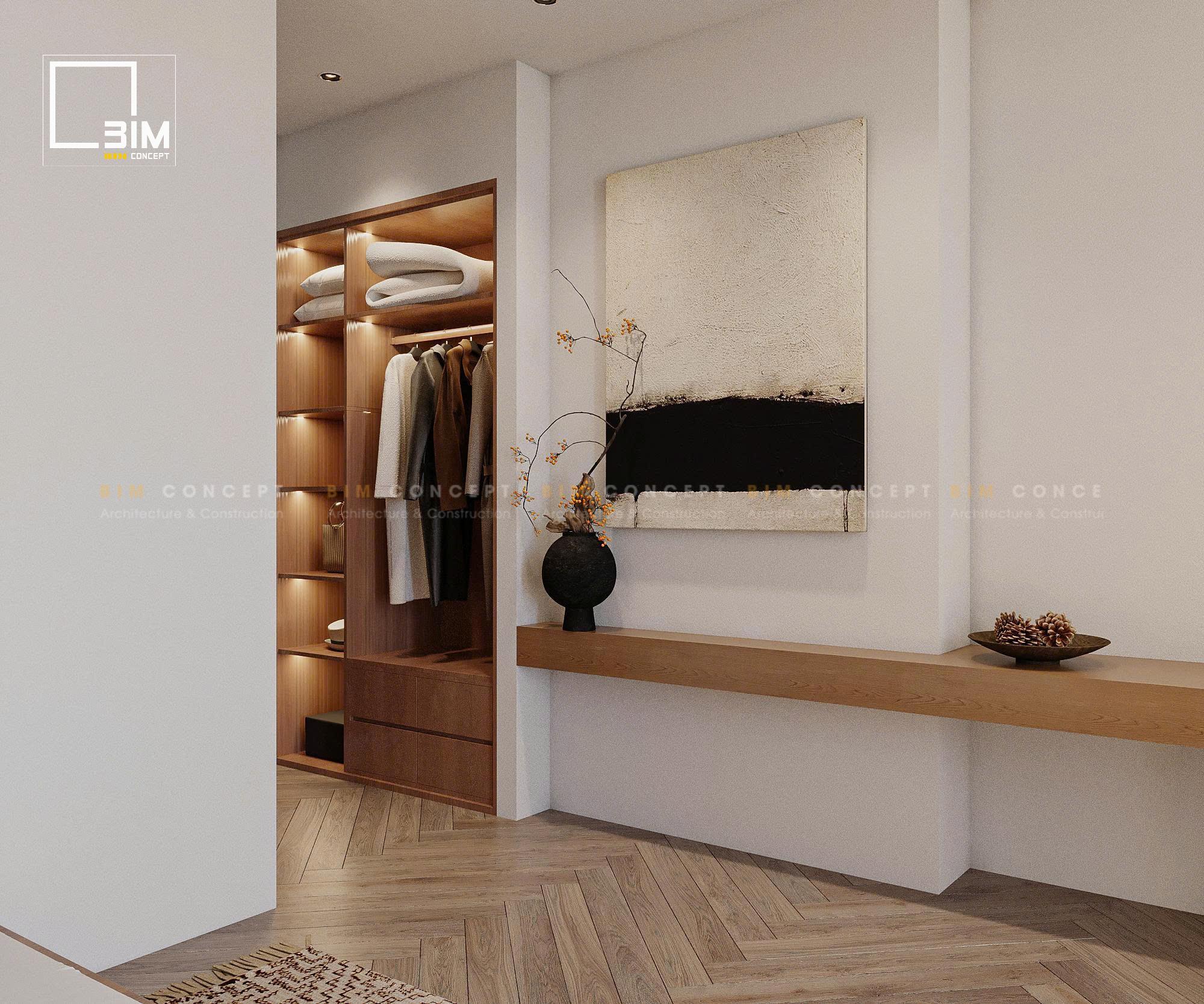 Tủ quần áo âm tường gỗ ấm áp bên cạnh tranh nghệ thuật tối giản