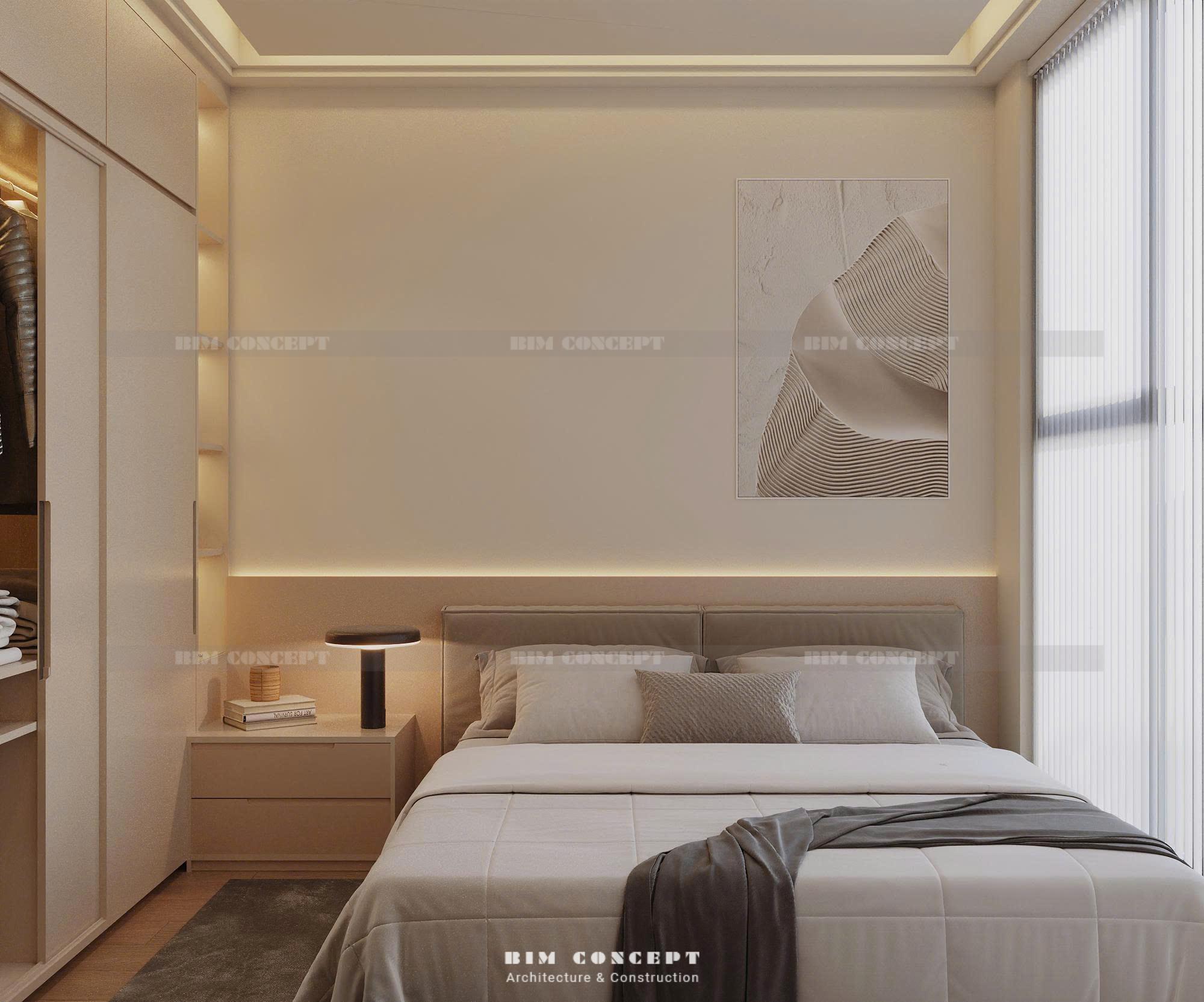 Tủ quần áo liền kệ trang trí với đèn ngủ bàn tối giản đặt trên bàn đầu giường