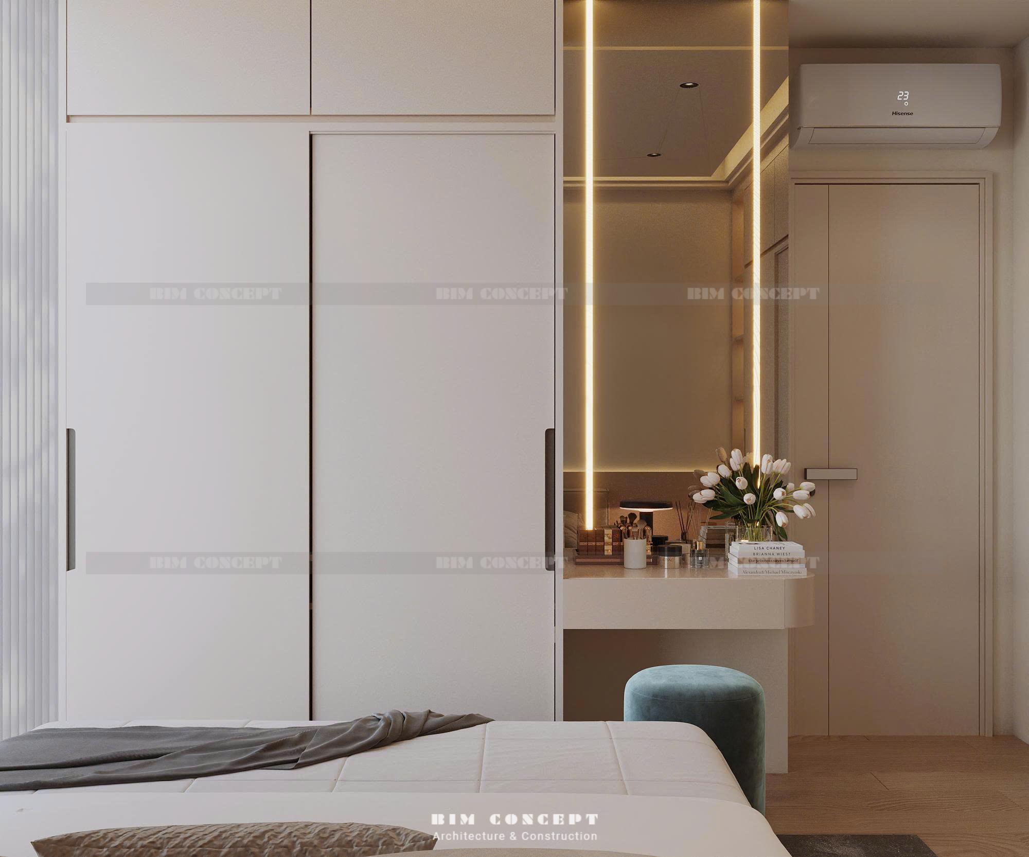 Tủ quần áo lớn cửa lùa màu be nhạt tích hợp bàn trang điểm gương LED dọc sang trọng