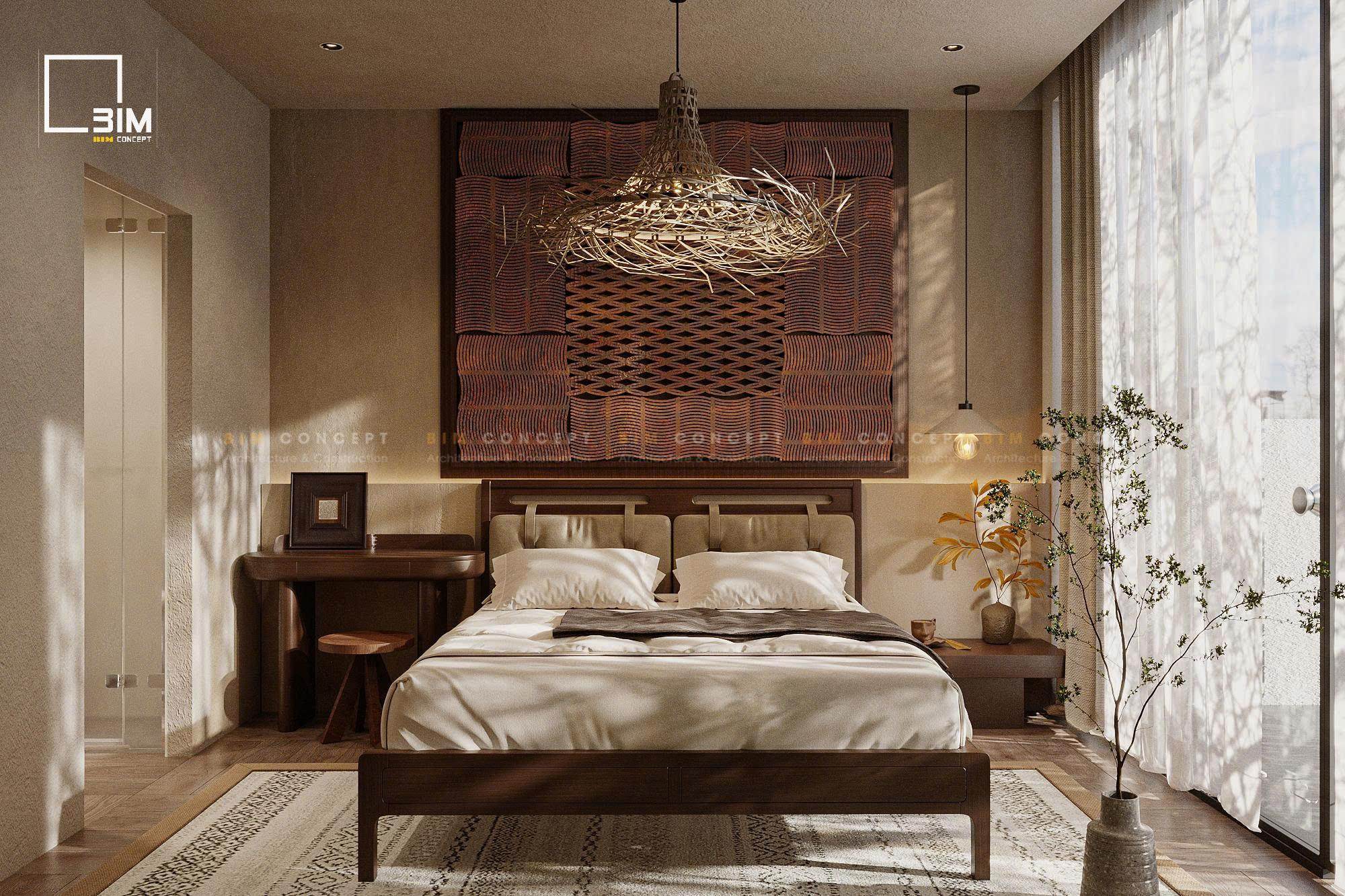 Tường đầu giường mộc mạc đan lát tạo điểm nhấn cho phòng ngủ Địa Trung Hải