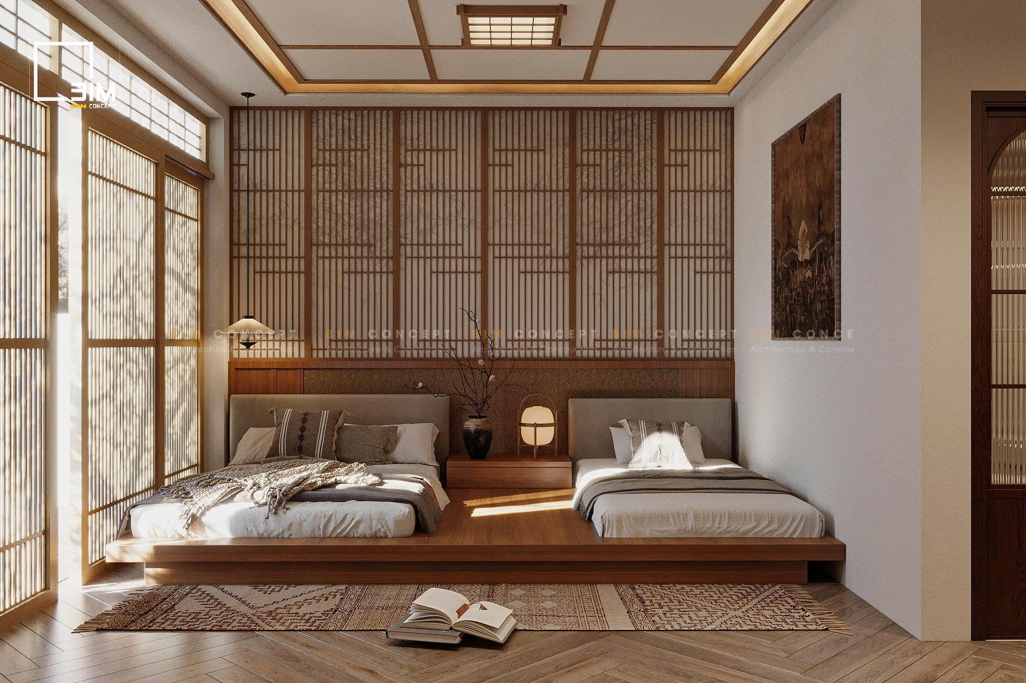 Vách ngăn gỗ Shoji và cửa sổ lớn đưa ánh sáng tự nhiên vào