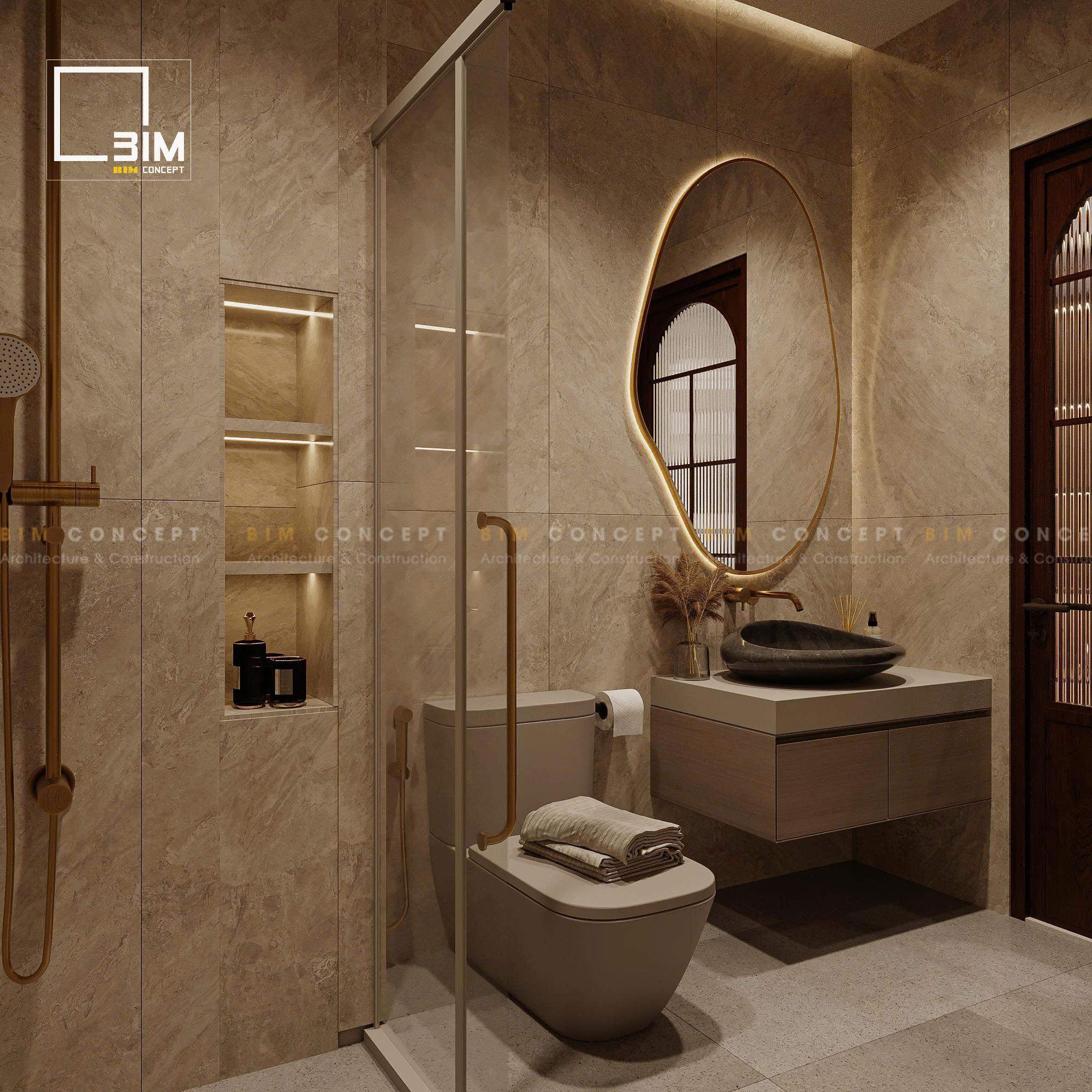 Vách tấm kính đứng kết hợp vòi sen mạ vàng và gạch ốp vân đá thanh lịch