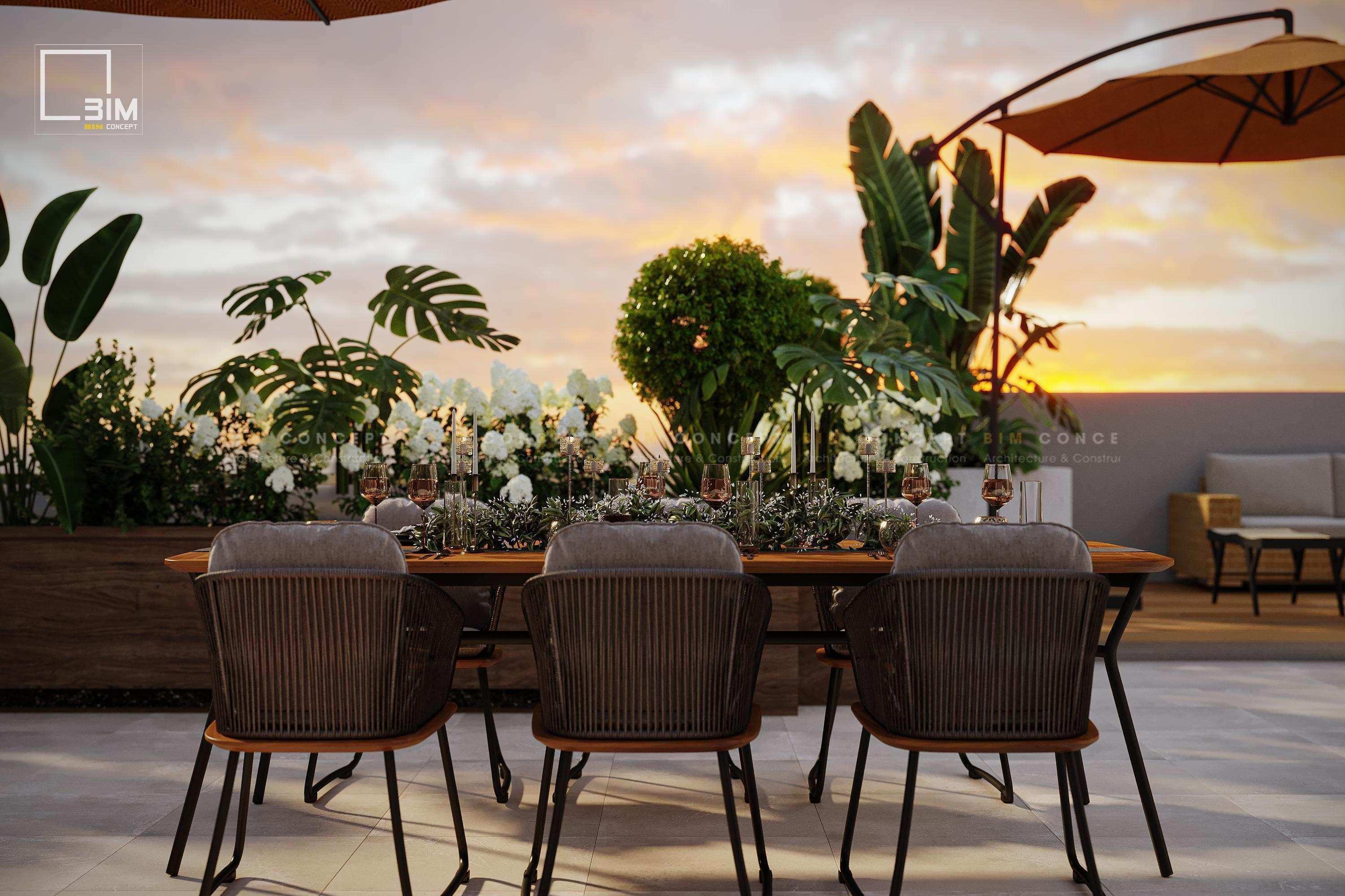 Bàn ăn ngoài trời lãng mạn, trang trí nến và hoa cỏ tinh tế