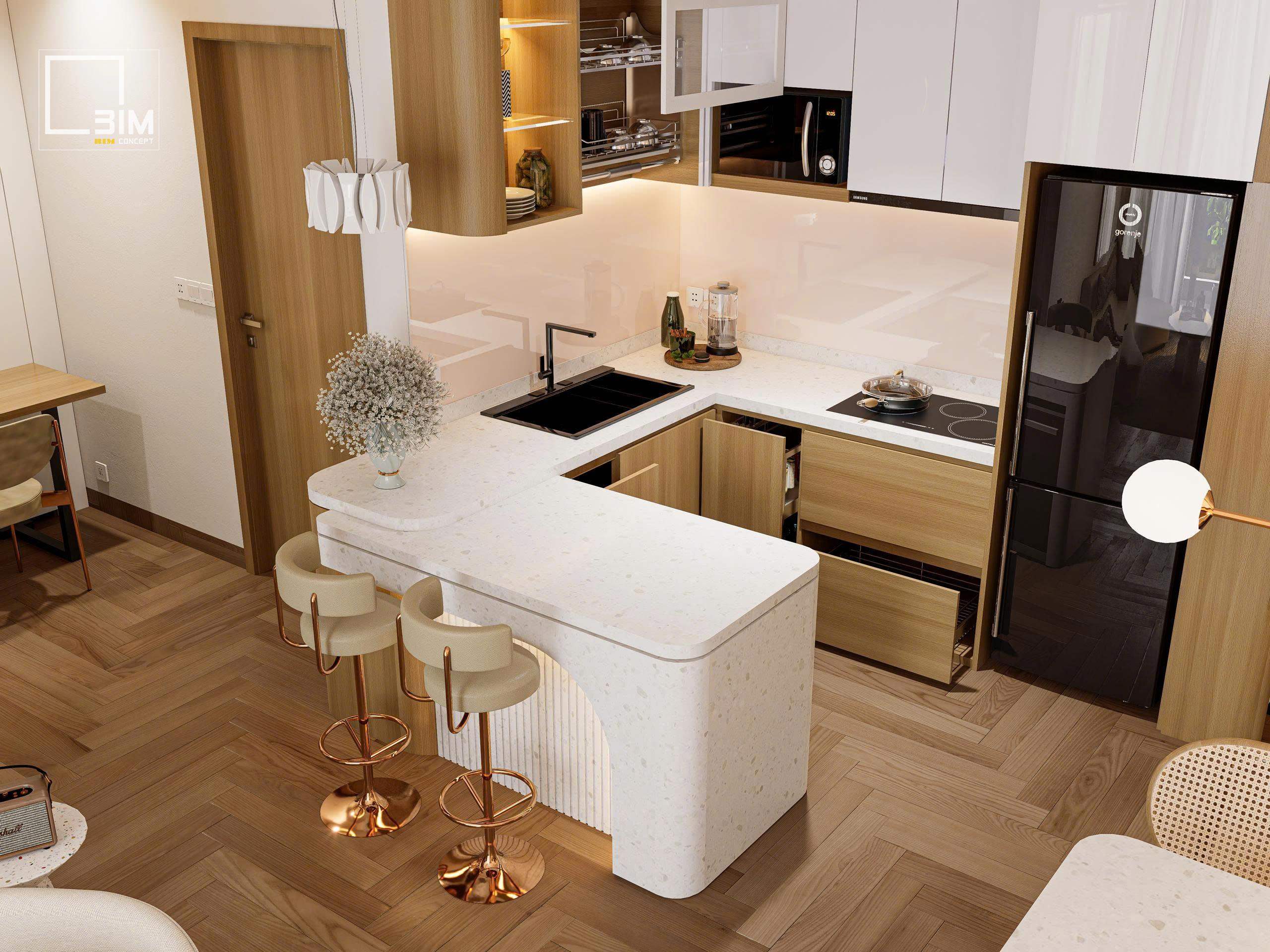 Ghế bar kim loại ánh đồng nổi bật trong không gian bếp