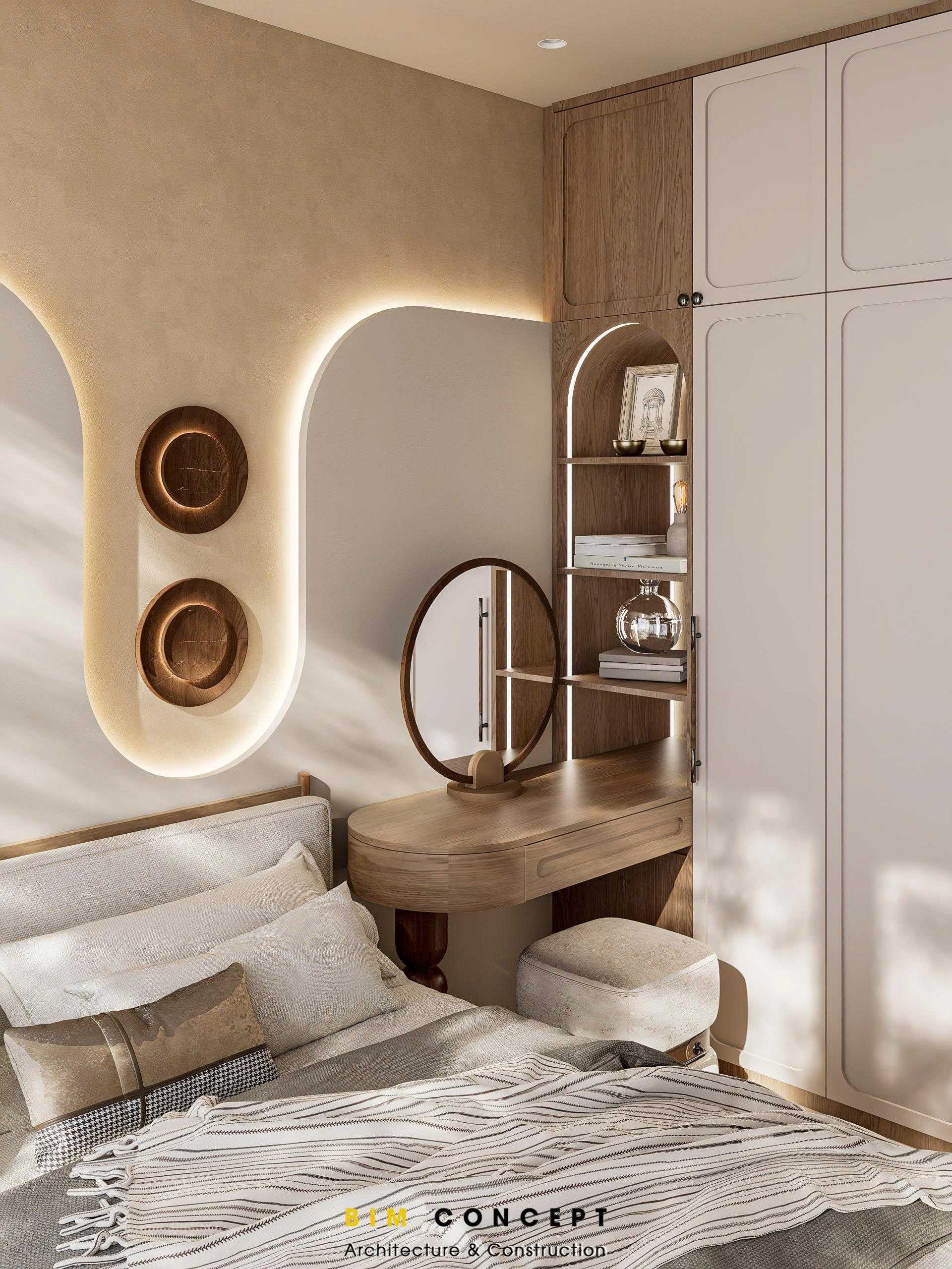 Bàn trang điểm gỗ tự nhiên kết hợp ánh sáng dịu nhẹ