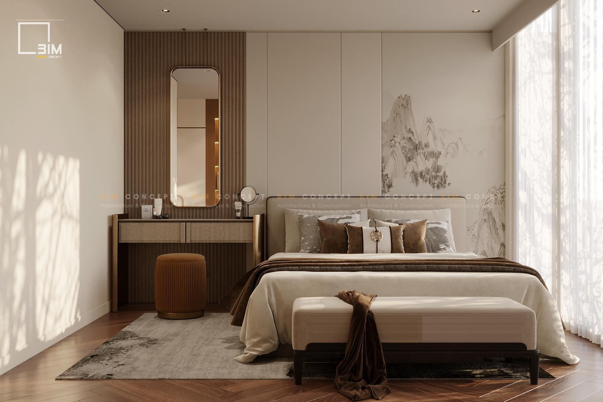 Bàn trang điểm gọn gàng và bức tranh thủy mặc đầu giường