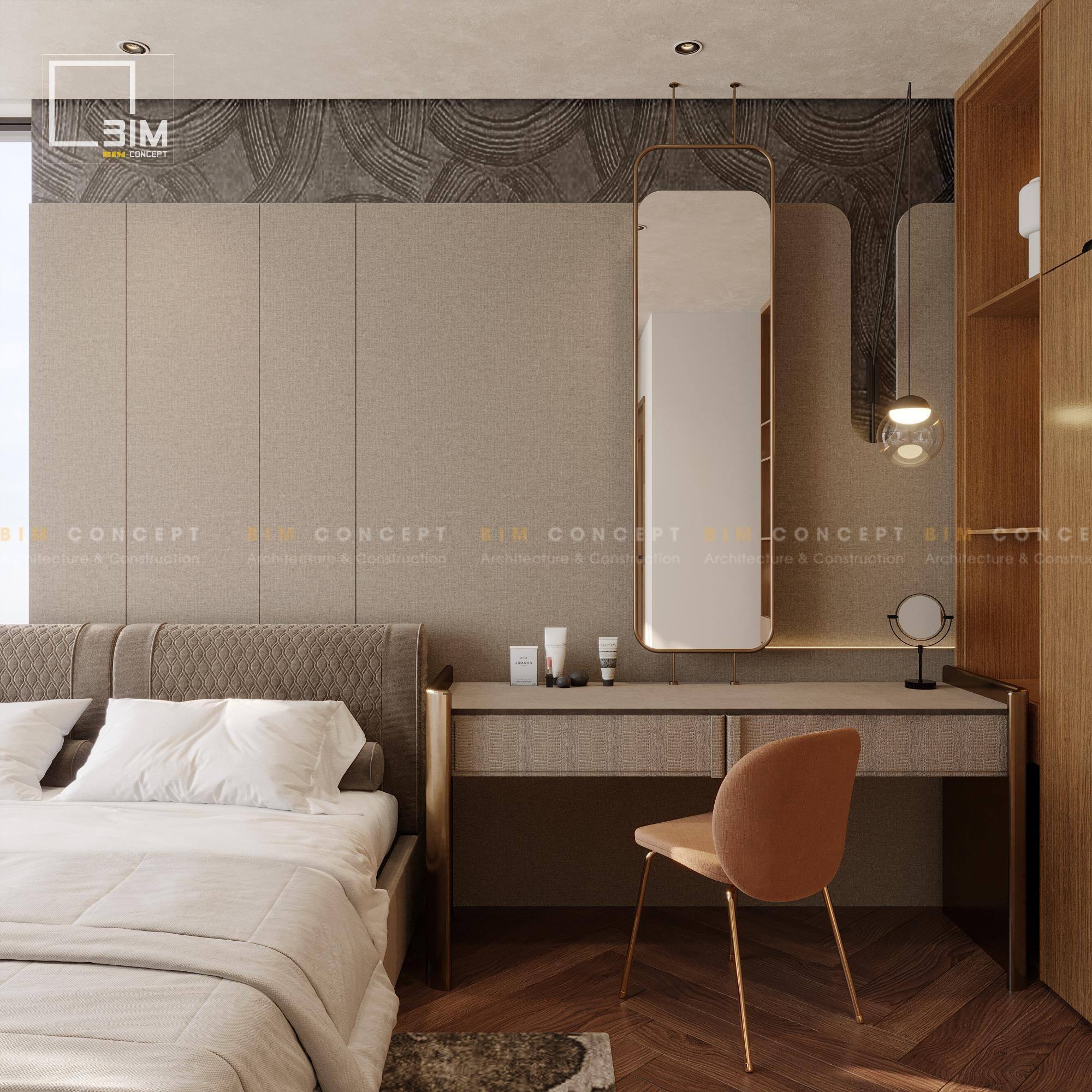 Bàn trang điểm gương dài độc đáo và ghế nệm màu cam đất