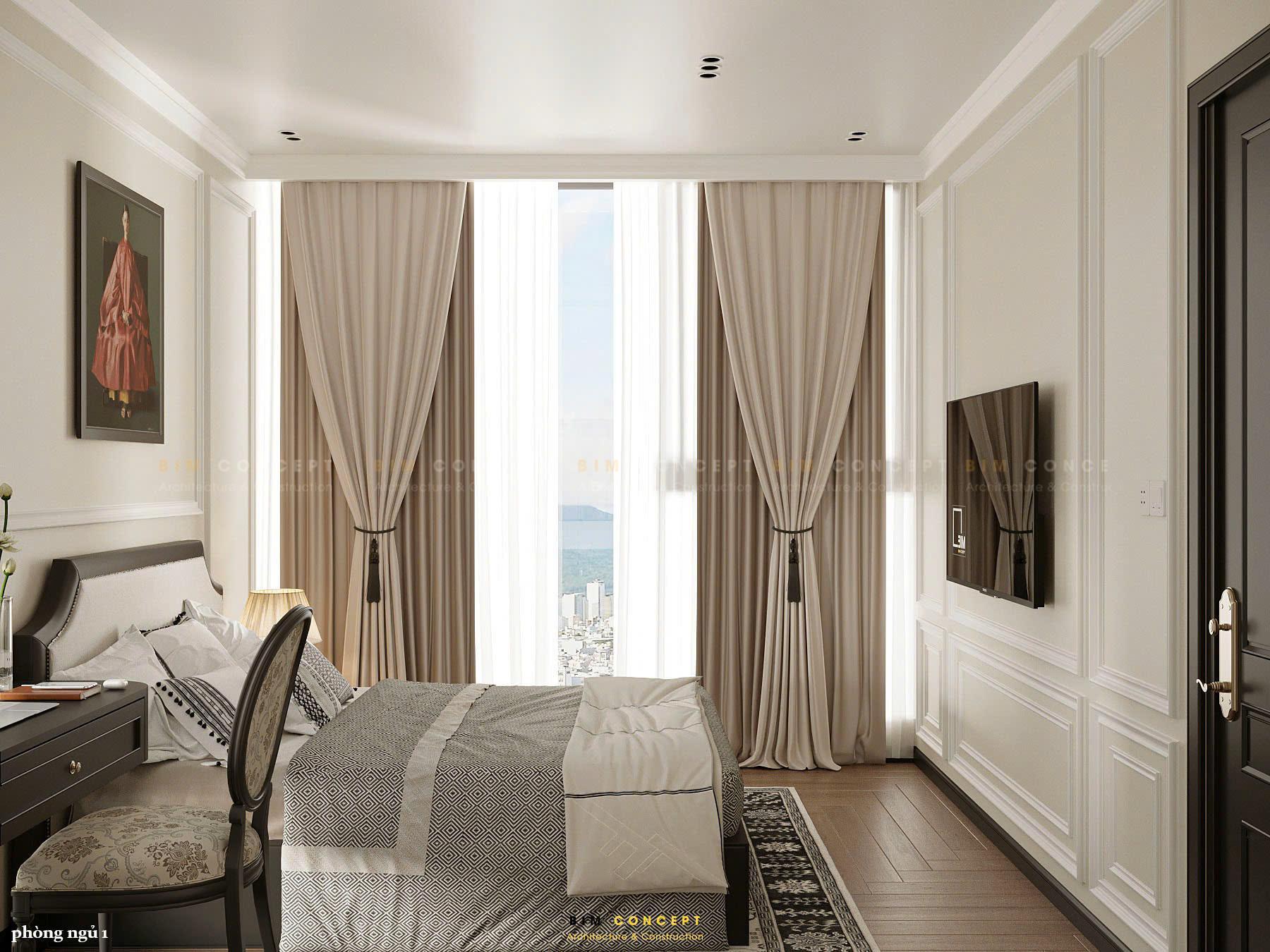 Bàn trang điểm và tủ đầu giường bố trí tiện nghi đối xứng