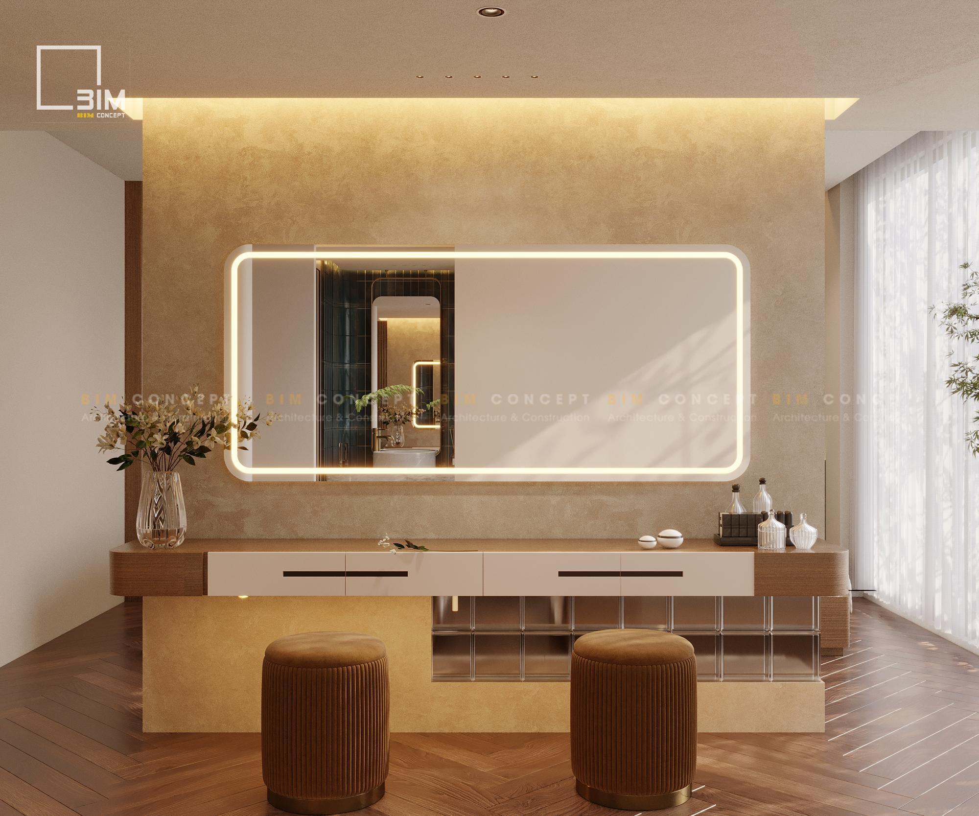 Bàn trang điểm với hai ghế đẩu nhung, tiện nghi và thẩm mỹ