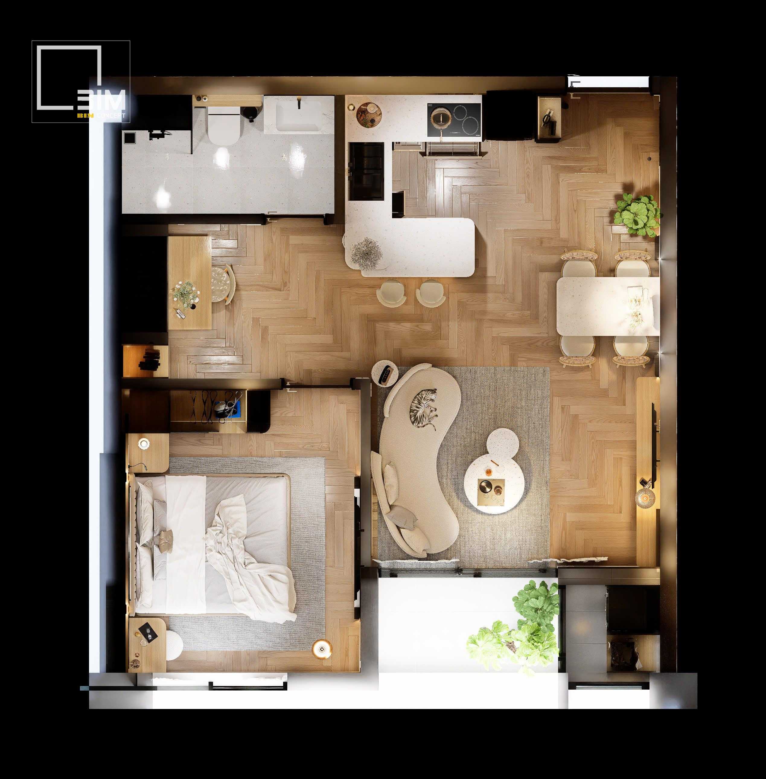 Mặt bằng bố trí công năng nội thất căn hộ 50m2 tại dự án Sun Cosmo Residence