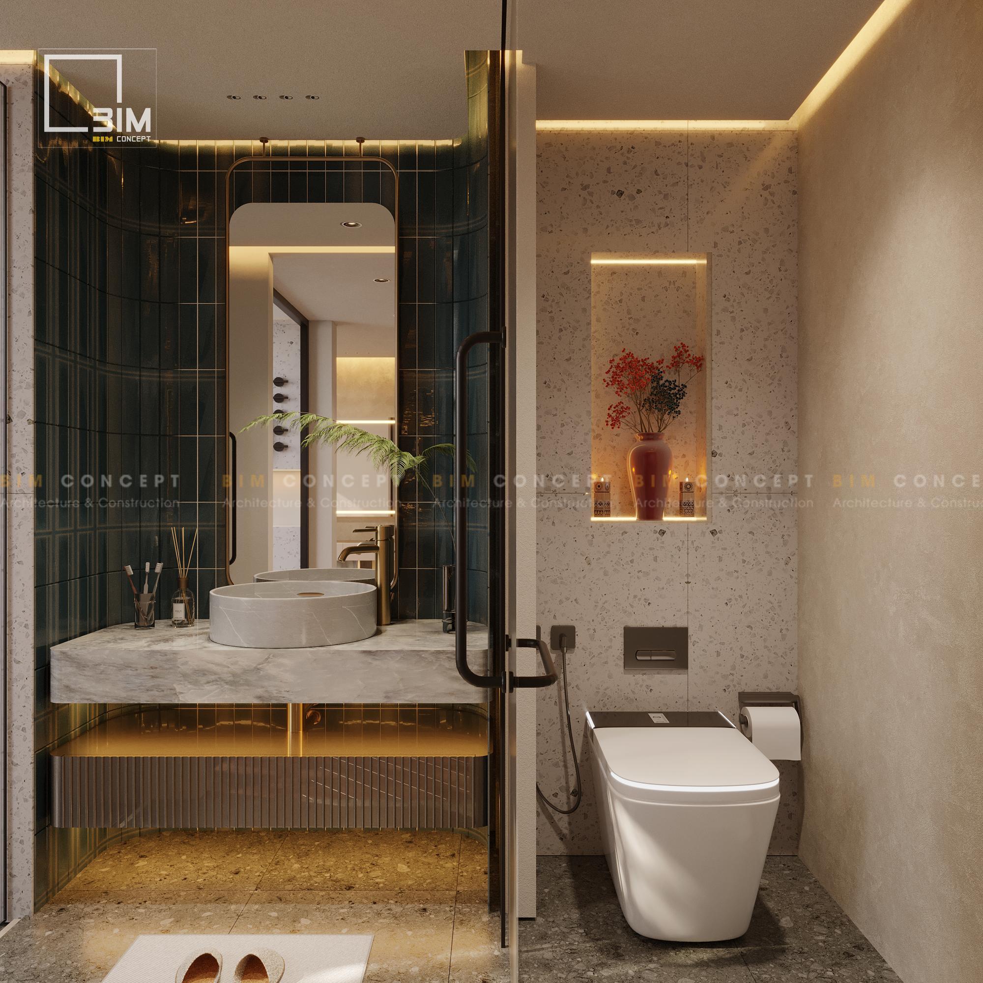 Bồn rửa mặt đá, gạch ốp xanh đậm nổi bật với ánh sáng hắt