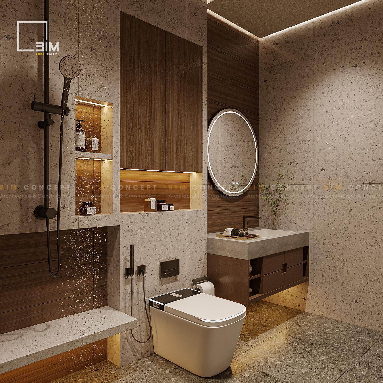 Bồn rửa mặt đá, tủ gỗ treo tường và gương tròn có đèn