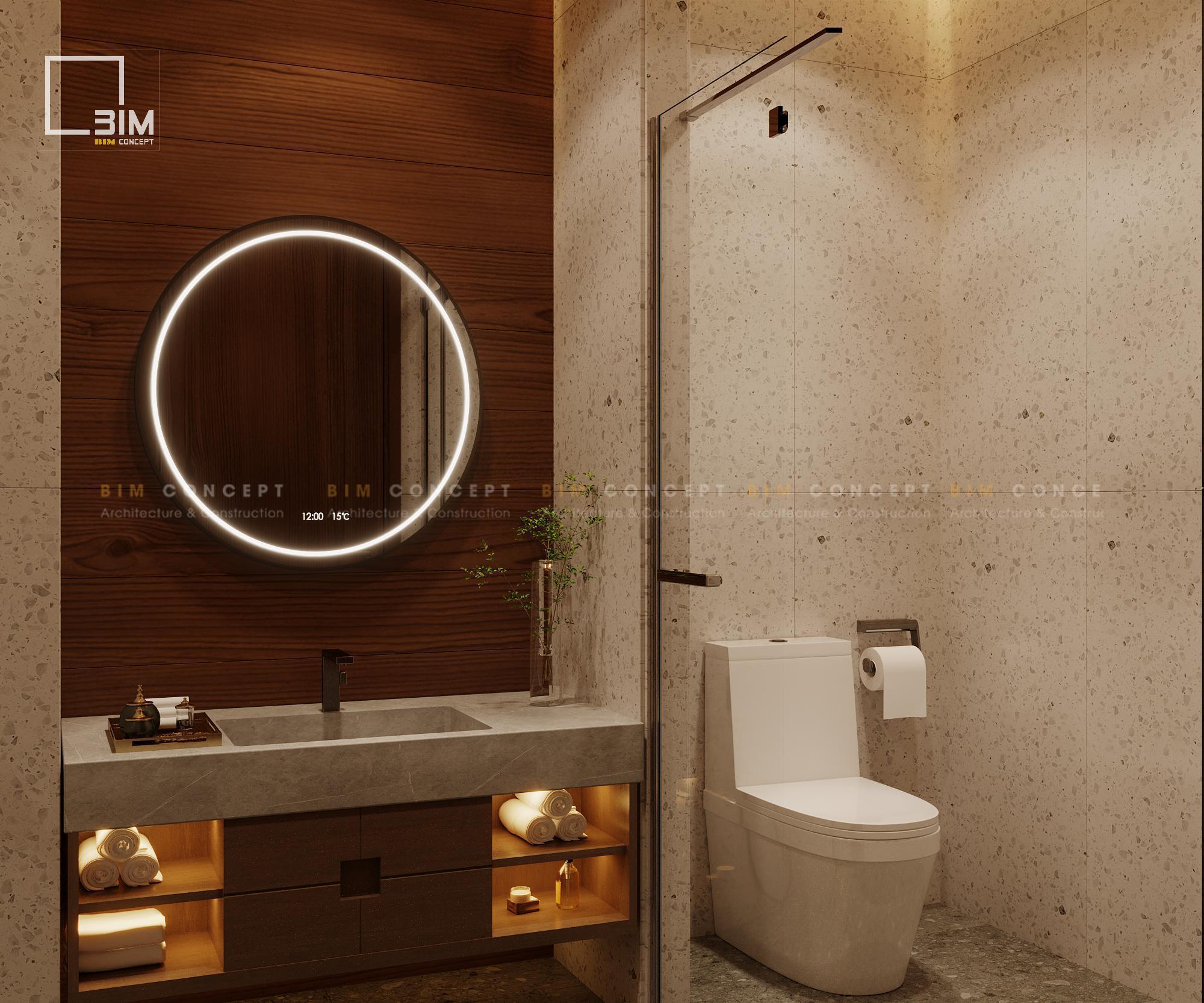 Bồn rửa mặt đặt trên tủ gỗ và đá, kệ mở chứa khăn tắm