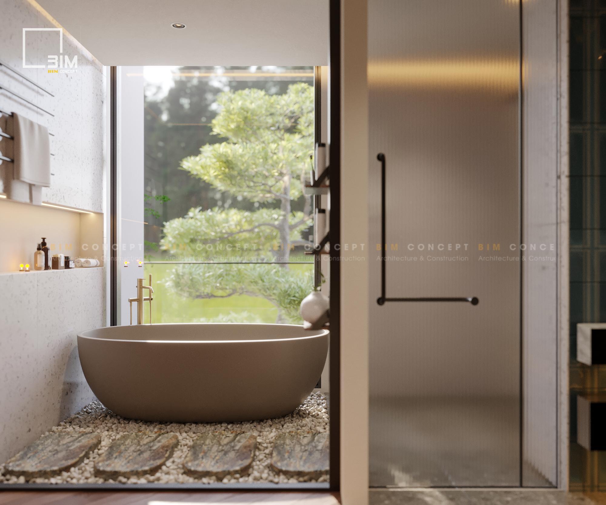 Bồn tắm đứng trên sàn sỏi và đá bước, gần gũi thiên nhiên