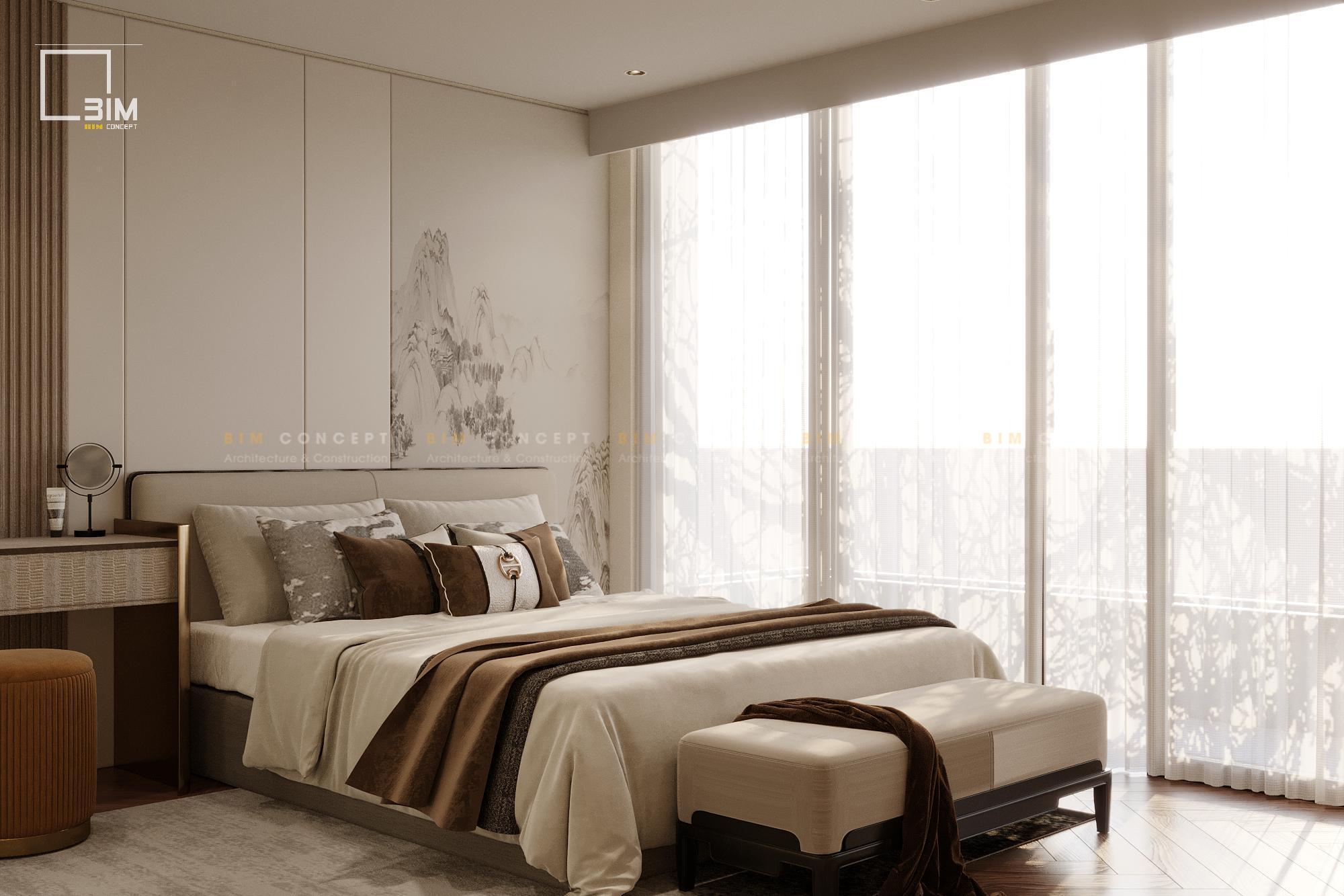 Cửa sổ lớn toàn cảnh và ánh sáng tự nhiên ngập tràn căn phòng