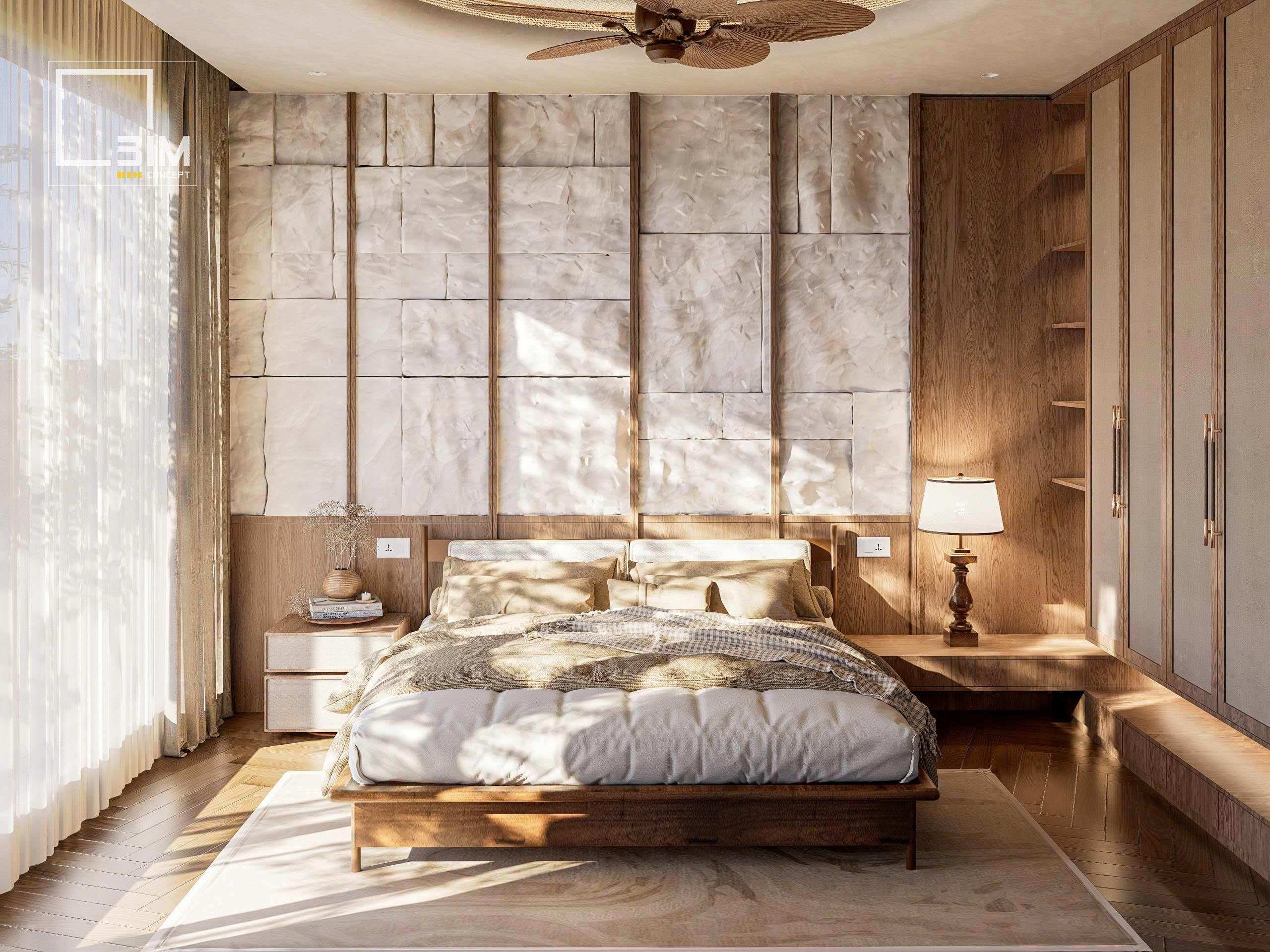 Đầu giường ốp đá thô mộc phong cách Wabi Sabi cuốn hút mọi ánh nhìn