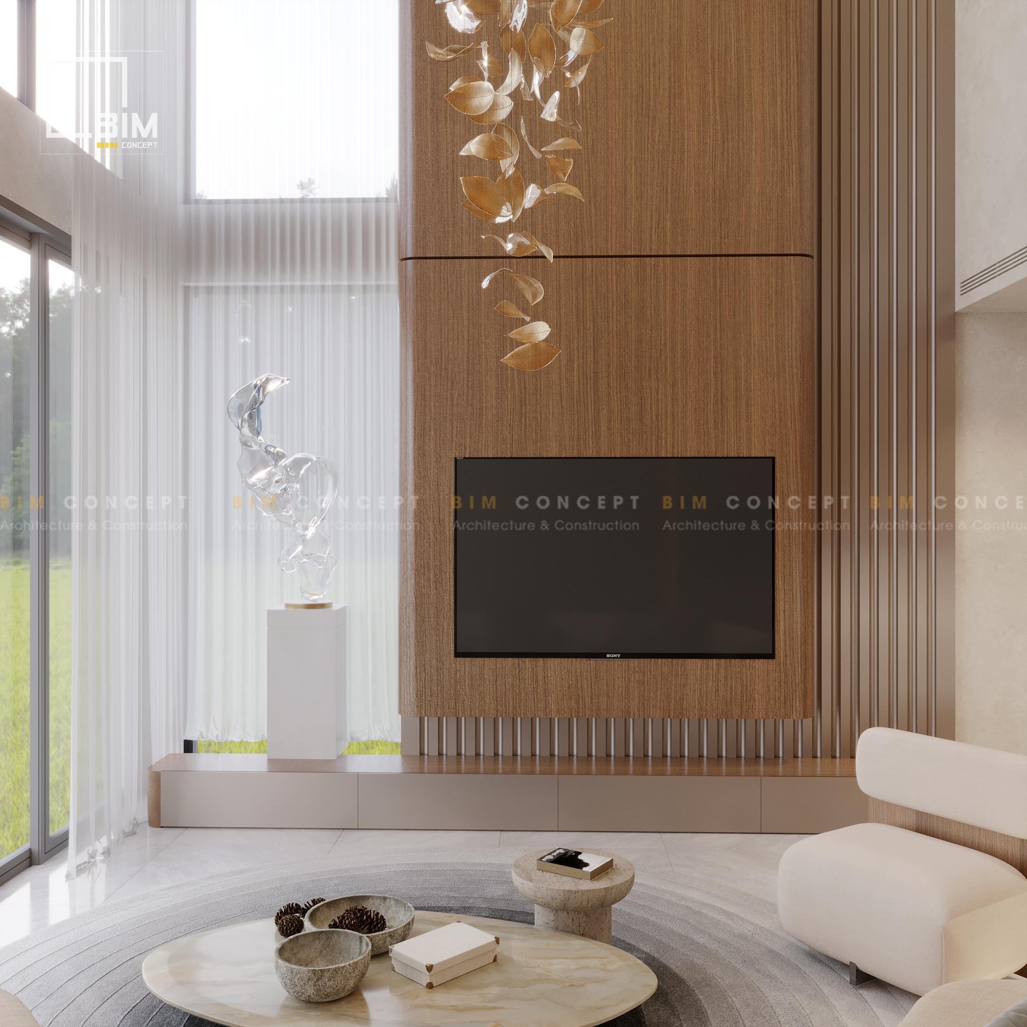 Tivi treo tường ốp gỗ ấm cúng trong không gian nội thất biệt thự