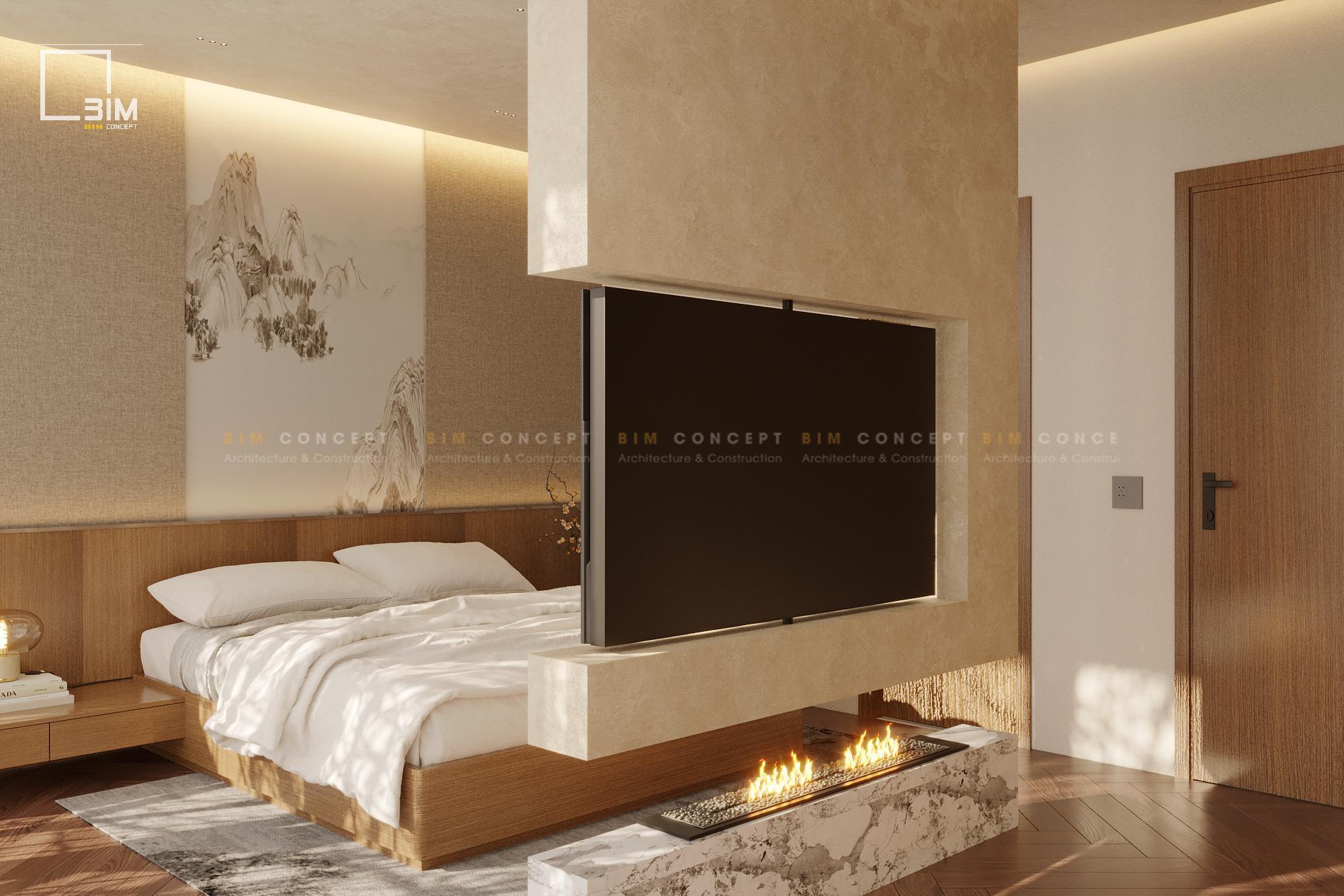 Điểm nhấn mảng tường TV ốp đá tích hợp lò sưởi nghệ thuật