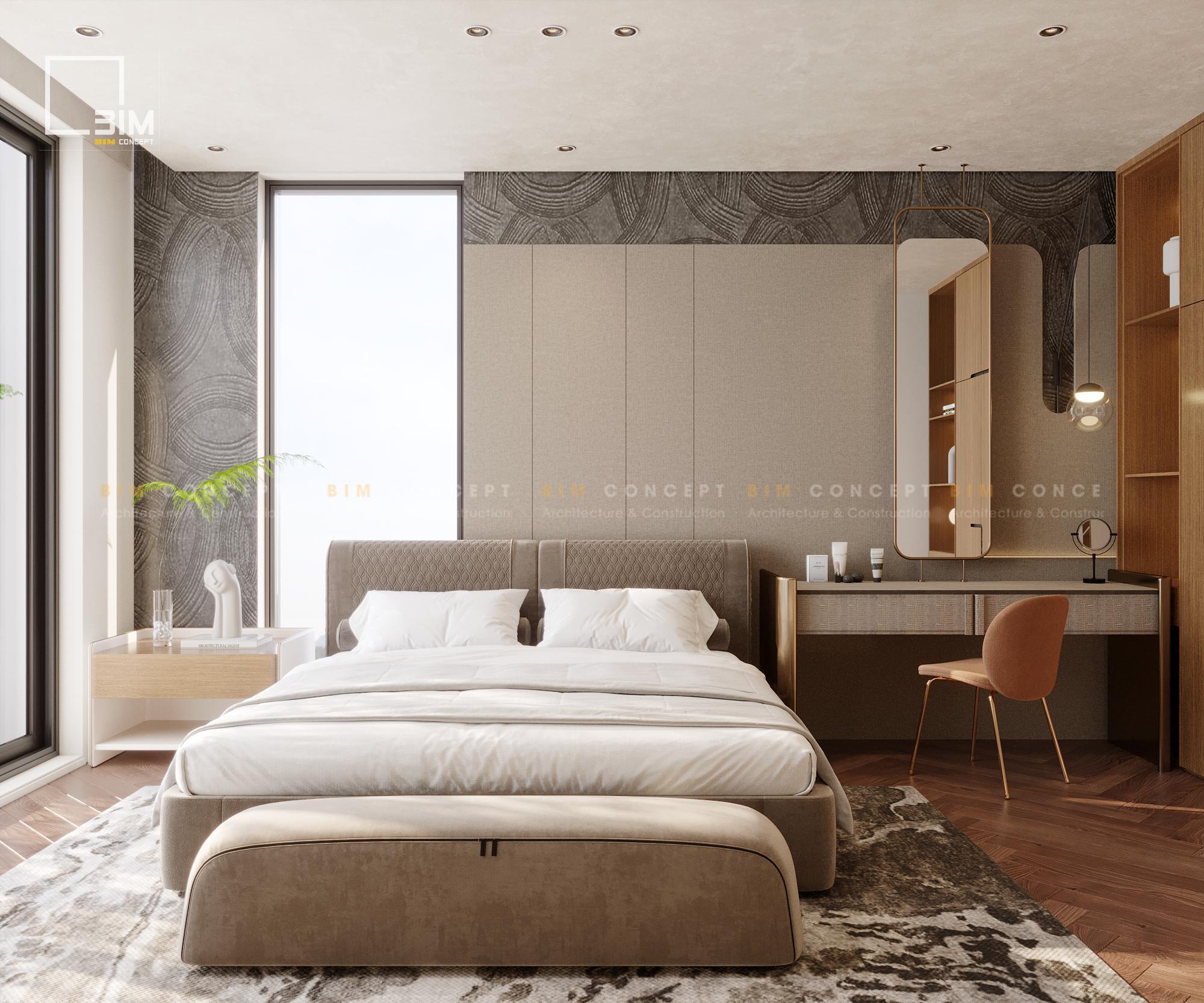 Giường nệm lớn, bàn trang điểm tiện nghi sát cửa sổ