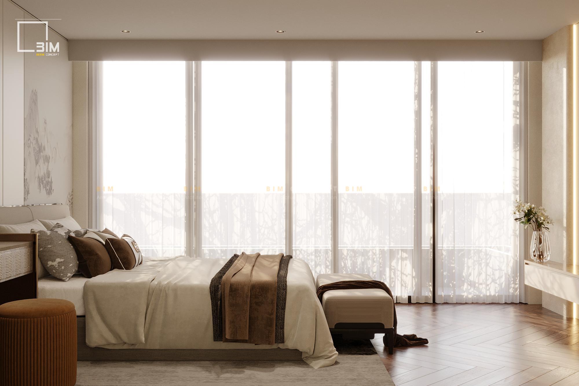 Giường ngủ ấm cúng, thảm lông êm ái dưới ánh sáng ban mai