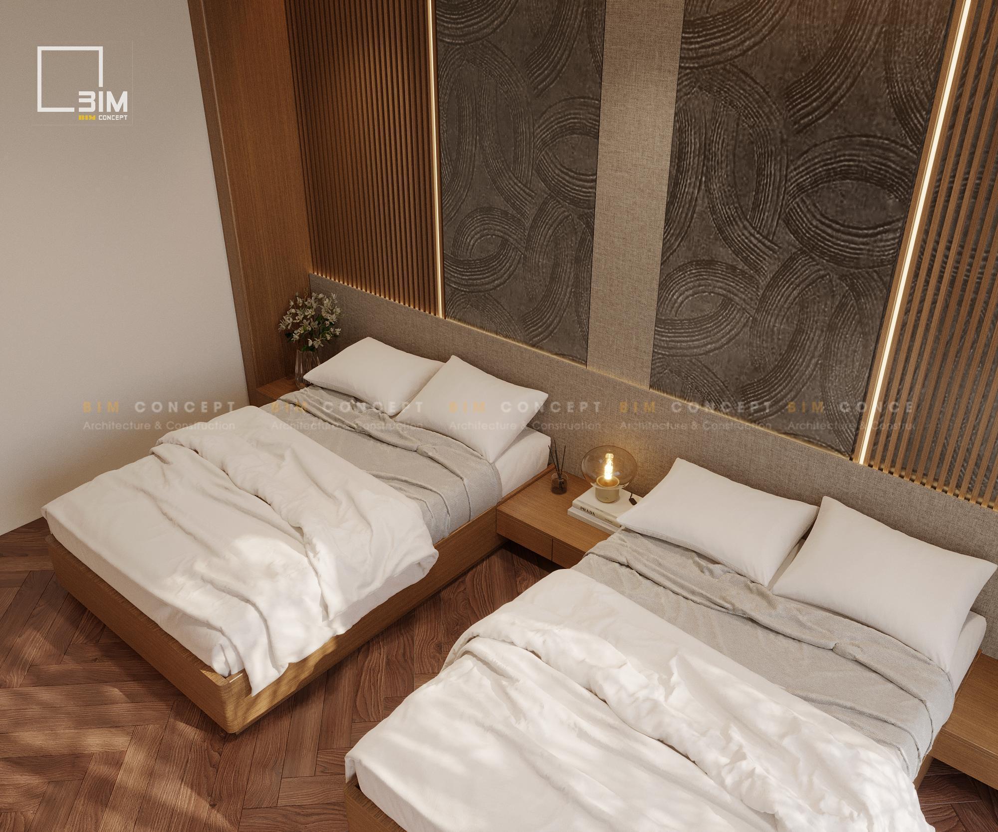 Giường ngủ thấp gỗ tự nhiên, sàn gỗ lát xương cá hiện đại