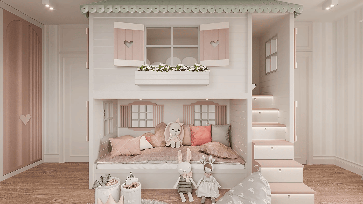 Mẫu giường tầng đẹp tone pastel cho bé gái - Nguồn: Tham khảo