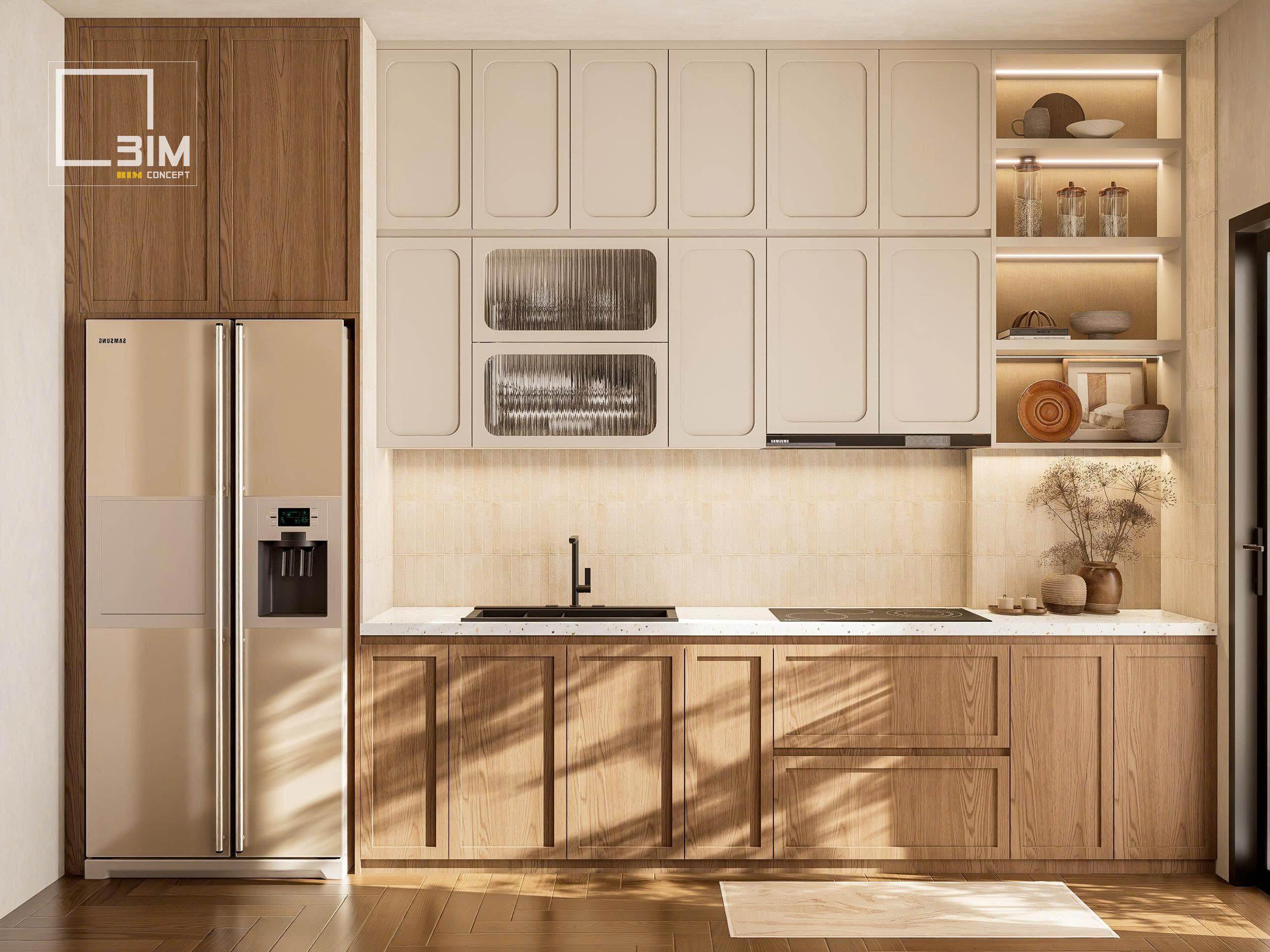 Hệ tủ gỗ tối giản trong nội thất phòng bếp căn hộ 89m2