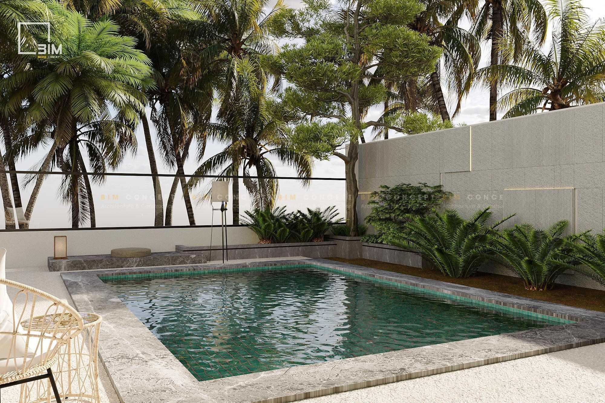 Hồ bơi lát đá xám, bao quanh là cây xanh nhiệt đới rậm rạp