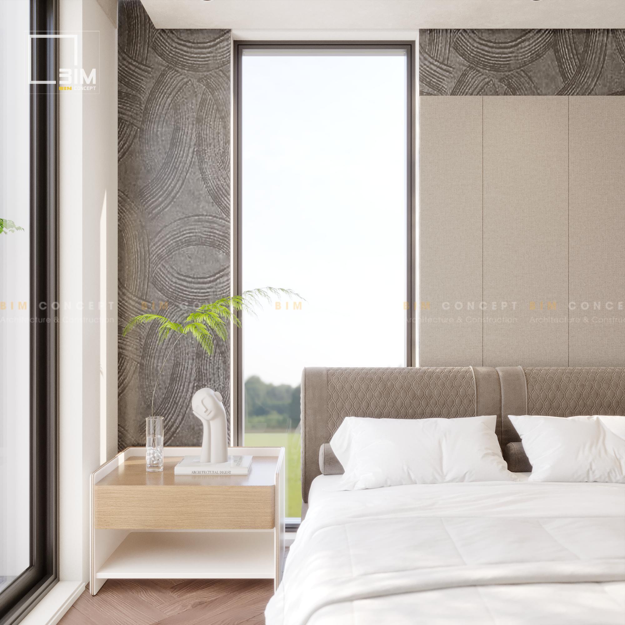 Kệ đầu giường trắng nổi bật, cây xanh và tượng trang trí