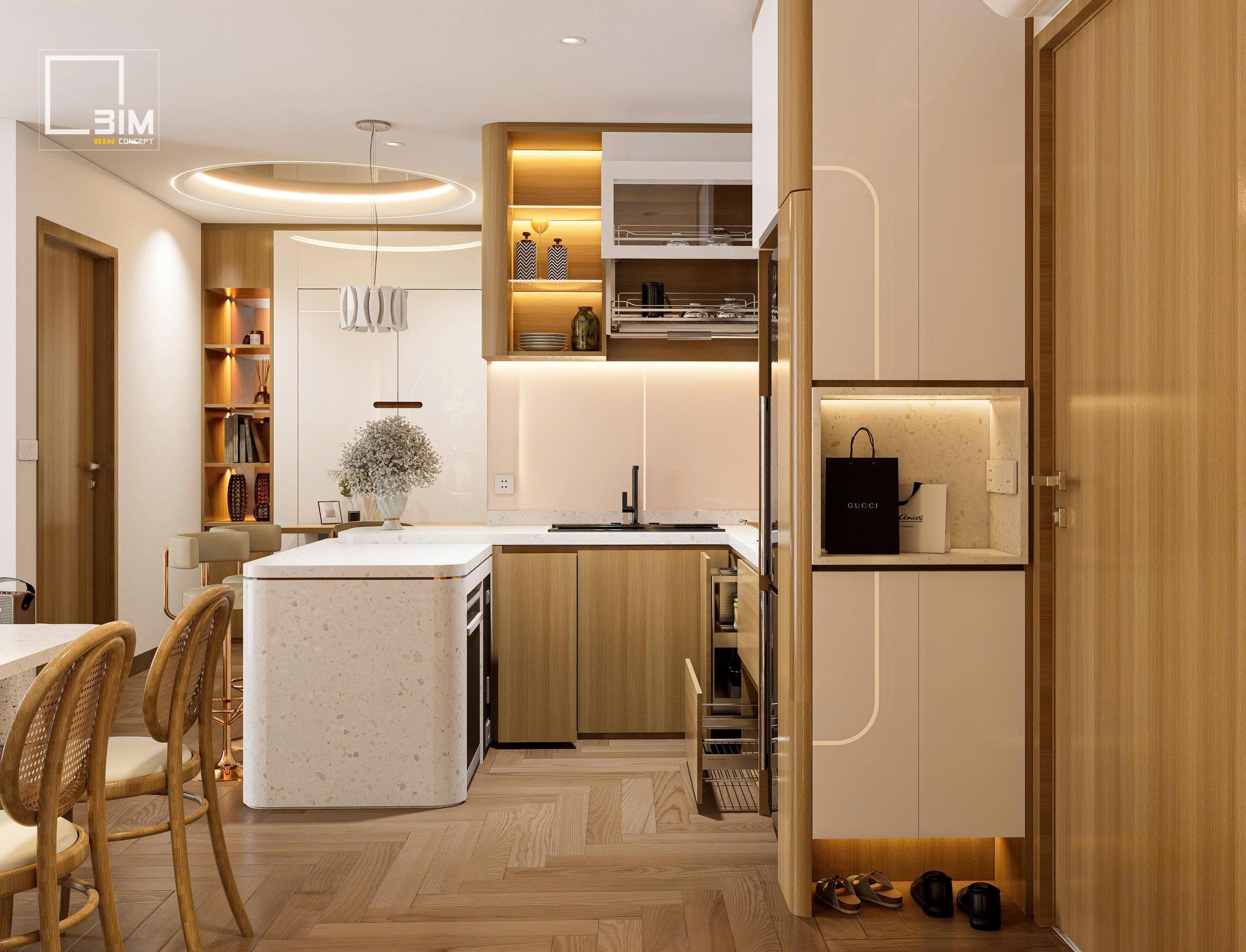 Không gian bếp gỗ sáng màu sang trọng và ấm áp