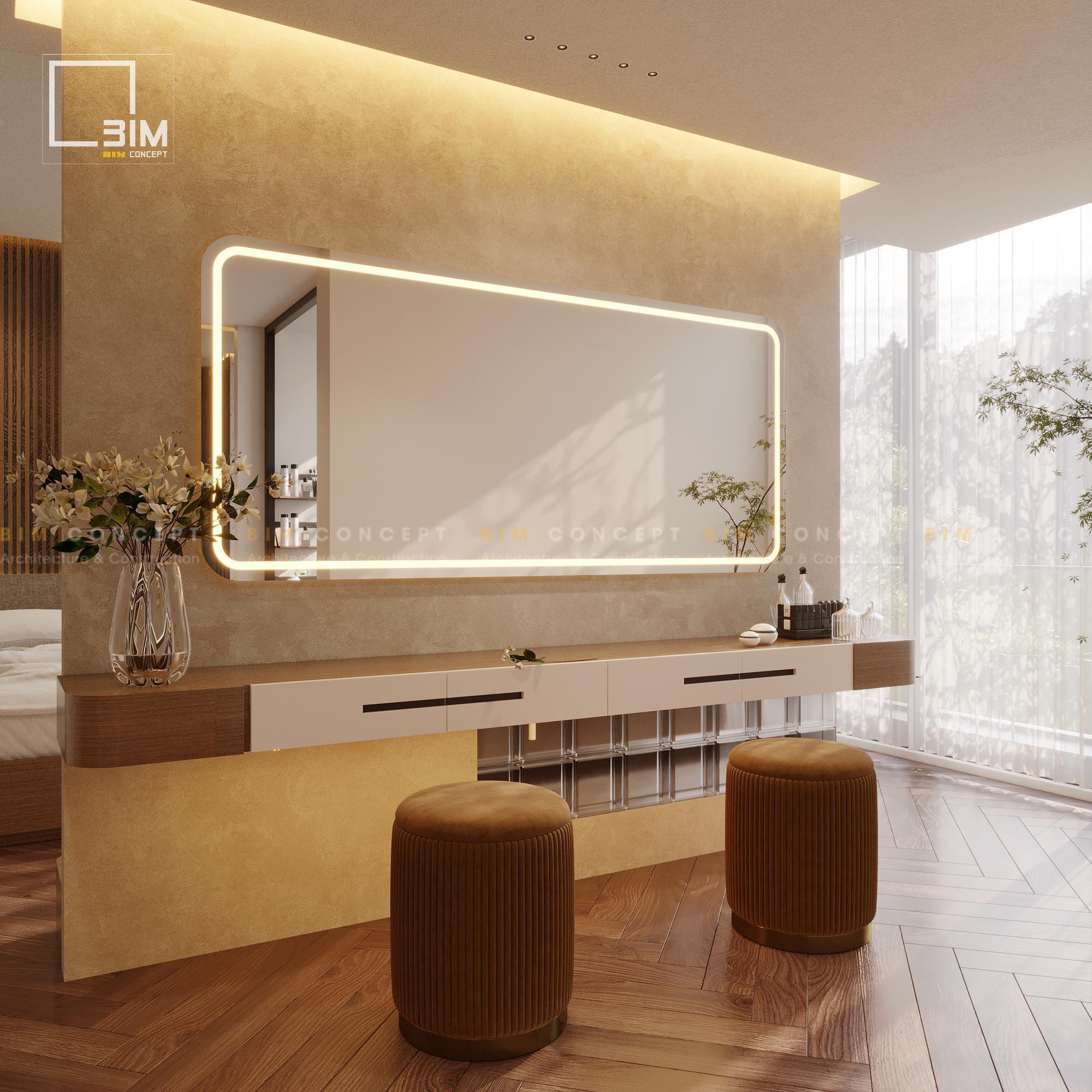 Khu vực bàn trang điểm gương lớn đèn LED, ghế đẩu sang trọng
