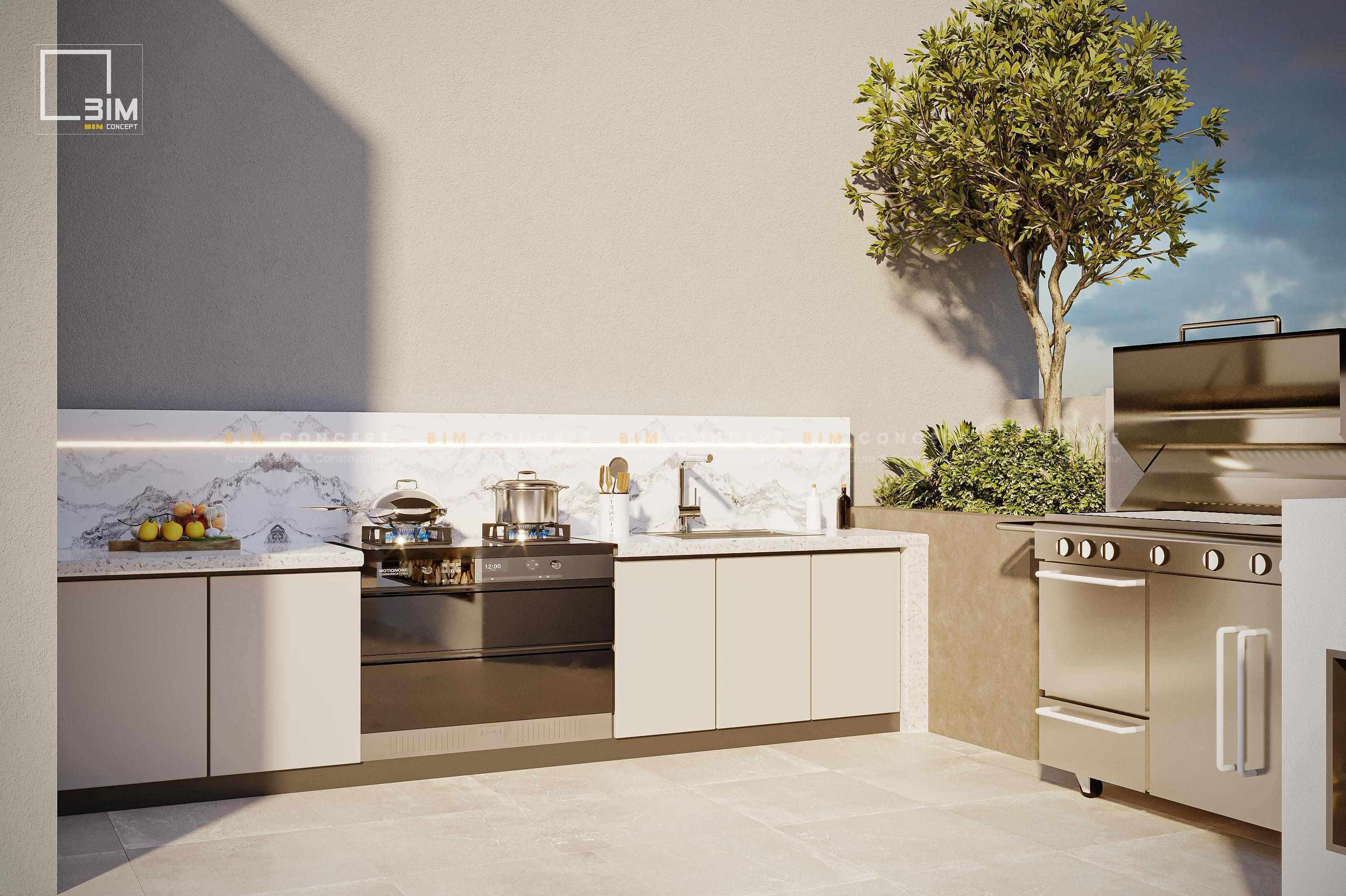 Khu vực BBQ ngoài trời hiện đại với bếp nướng inox chuyên nghiệp