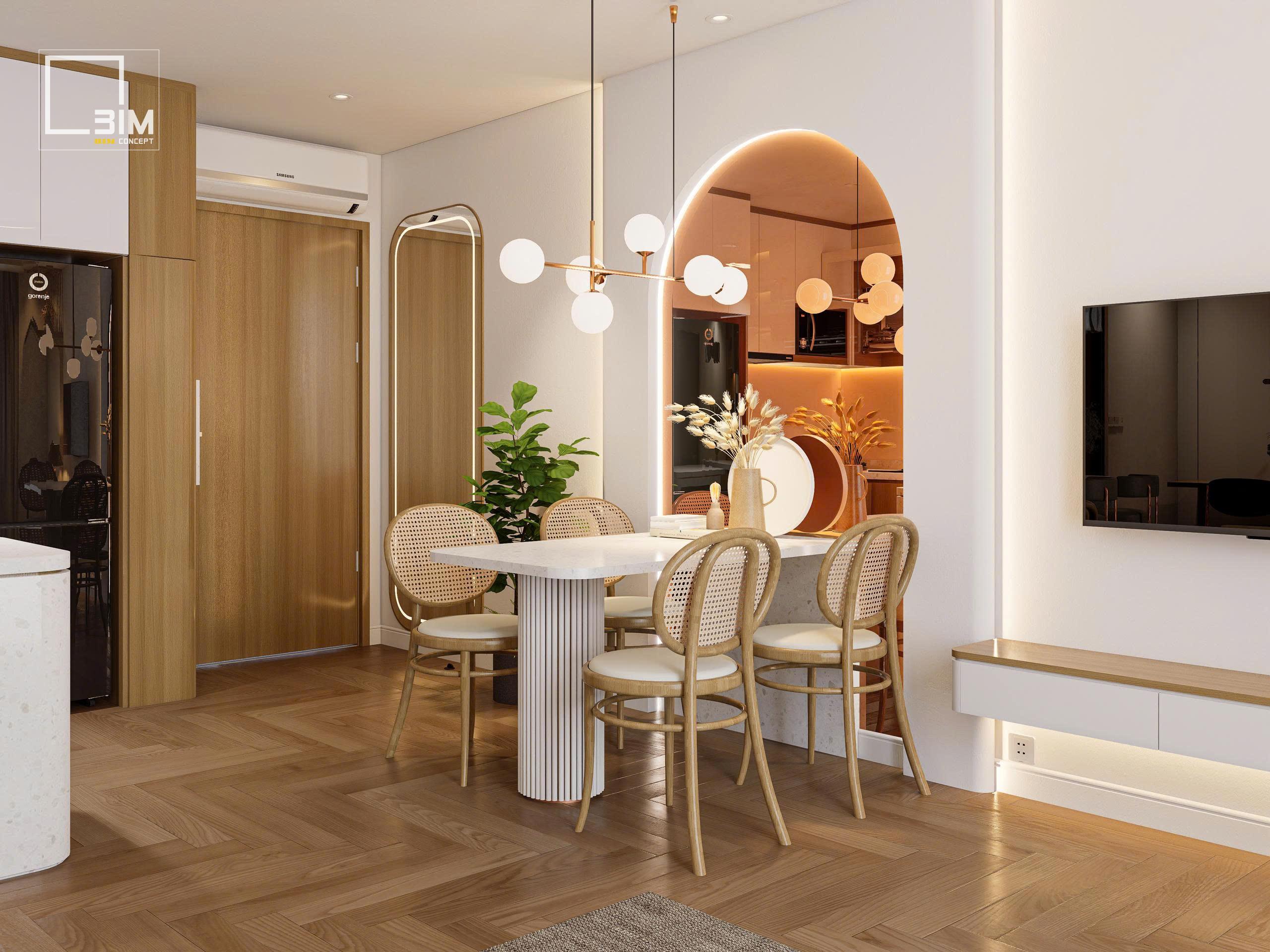 Khu vực nấu ăn liền kề bàn ăn tinh tế tiện lợi