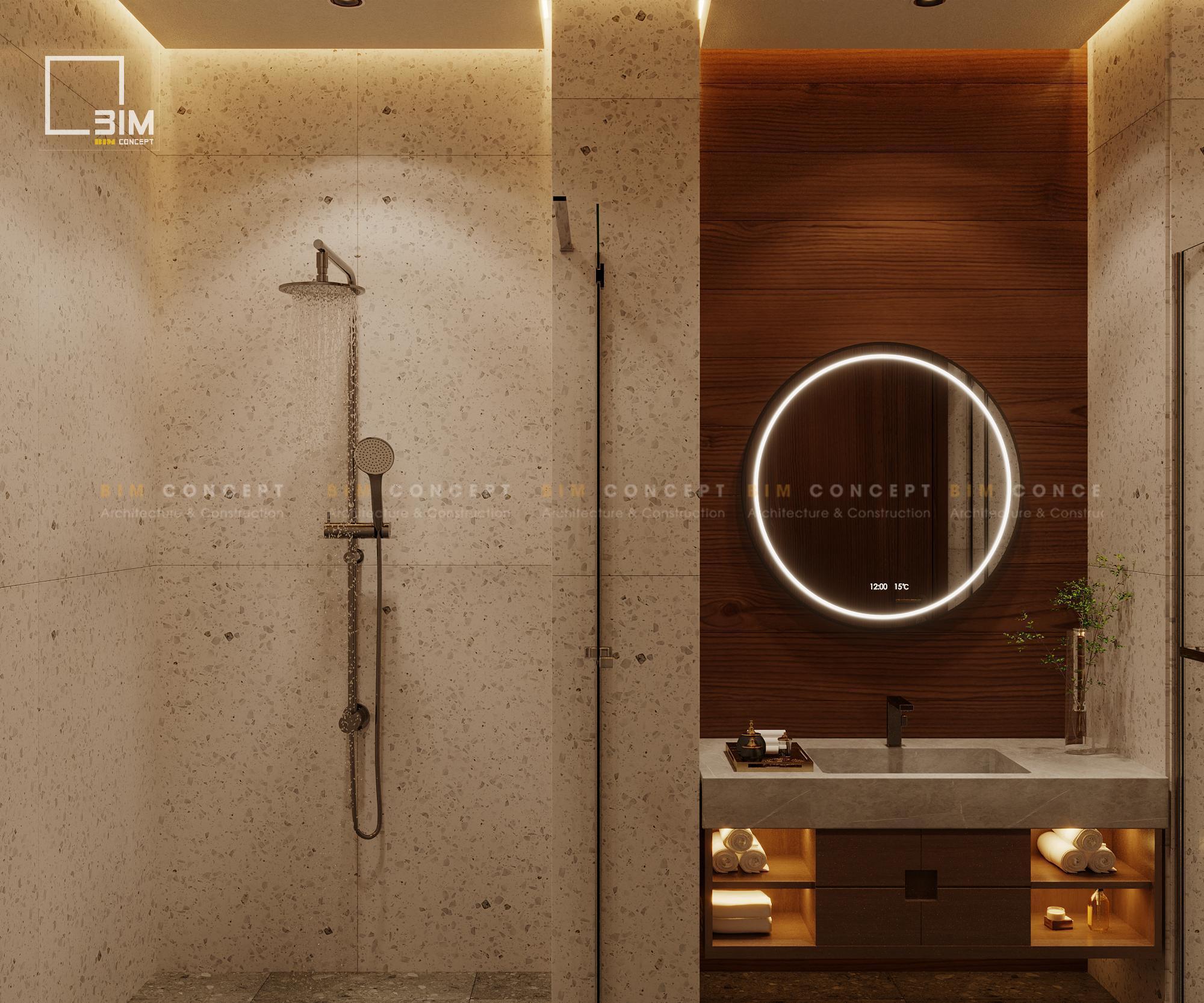 Khu vực tắm đứng, bồn rửa và bồn cầu tách biệt bằng kính