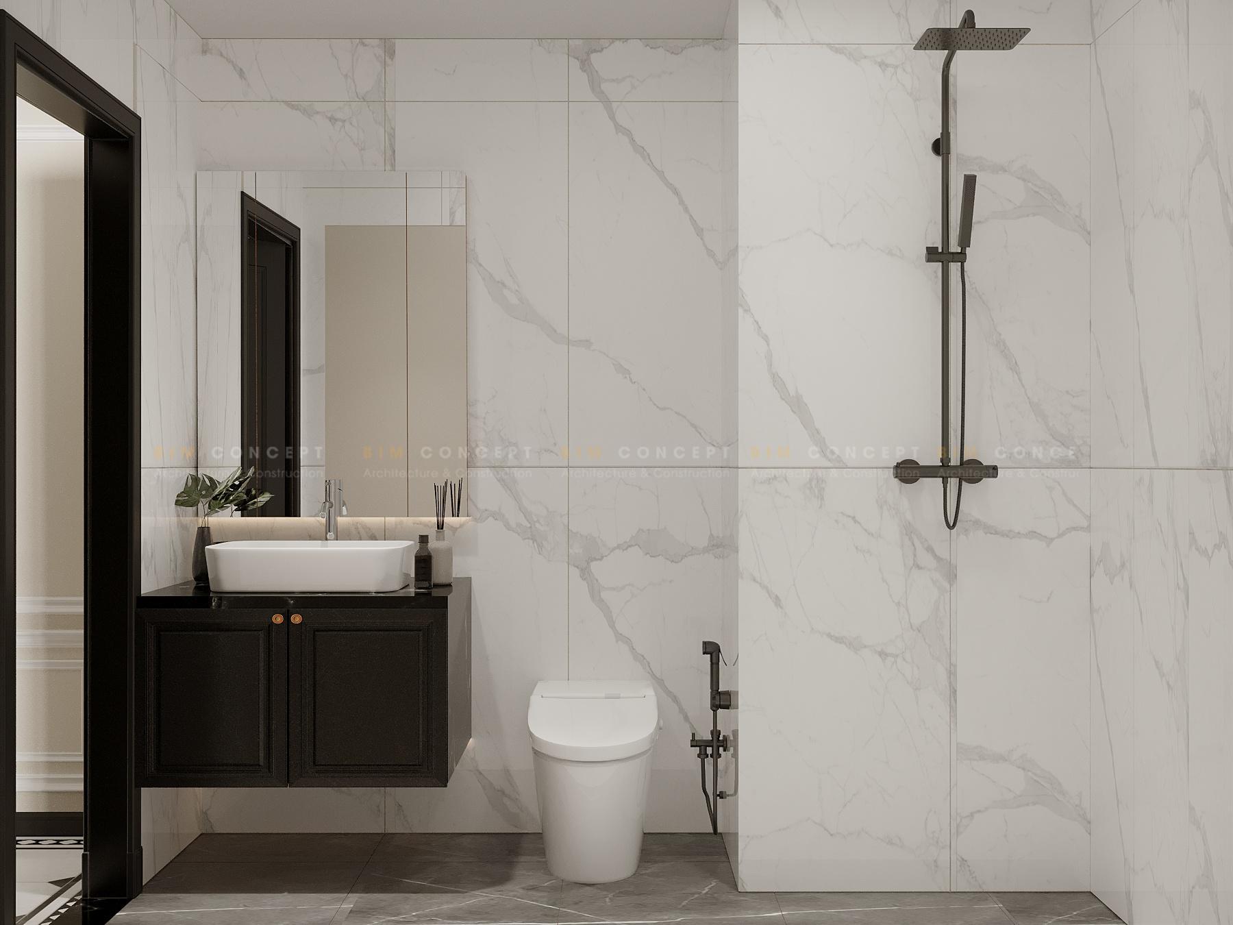 Khu vực tắm rửa sạch sẽ với gạch ốp tường vân đá sang trọng