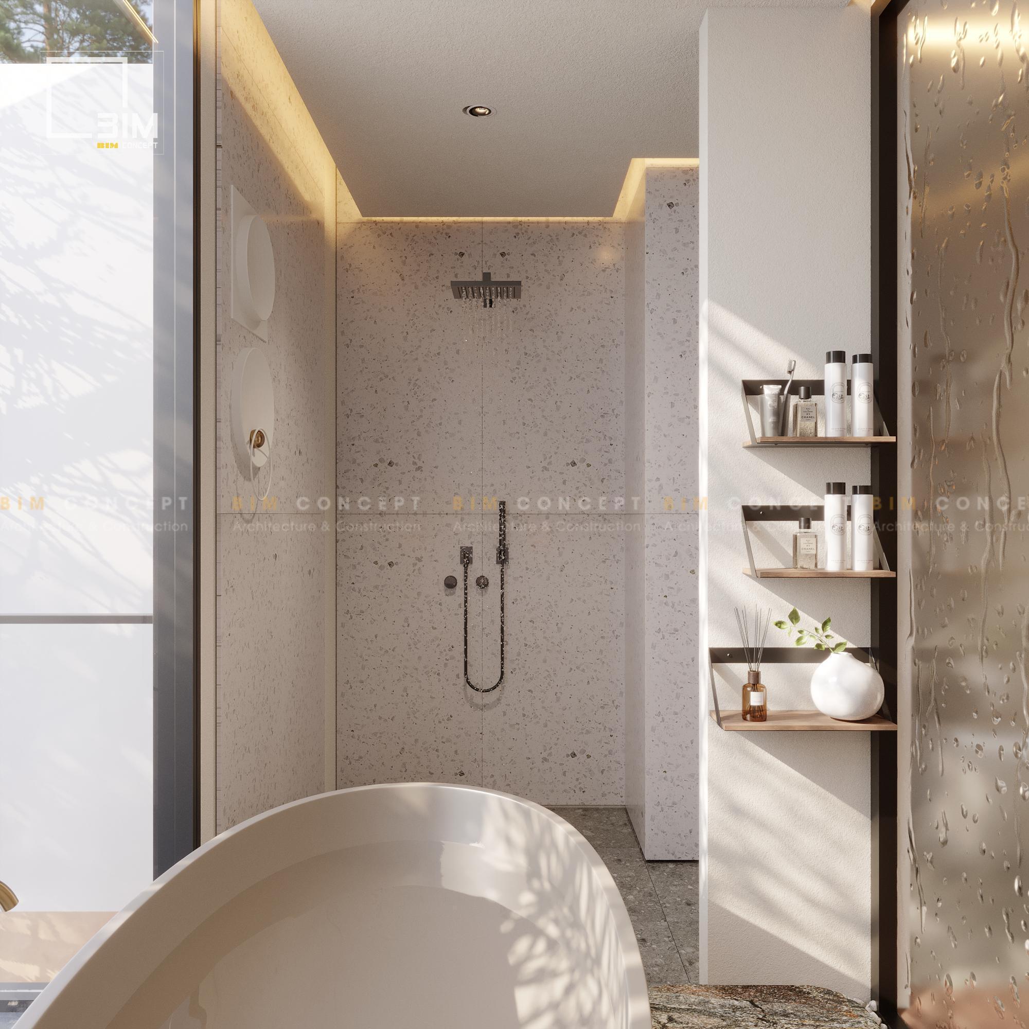 Khu vực tắm với bồn tắm, vòi sen và giá treo khăn hiện đại