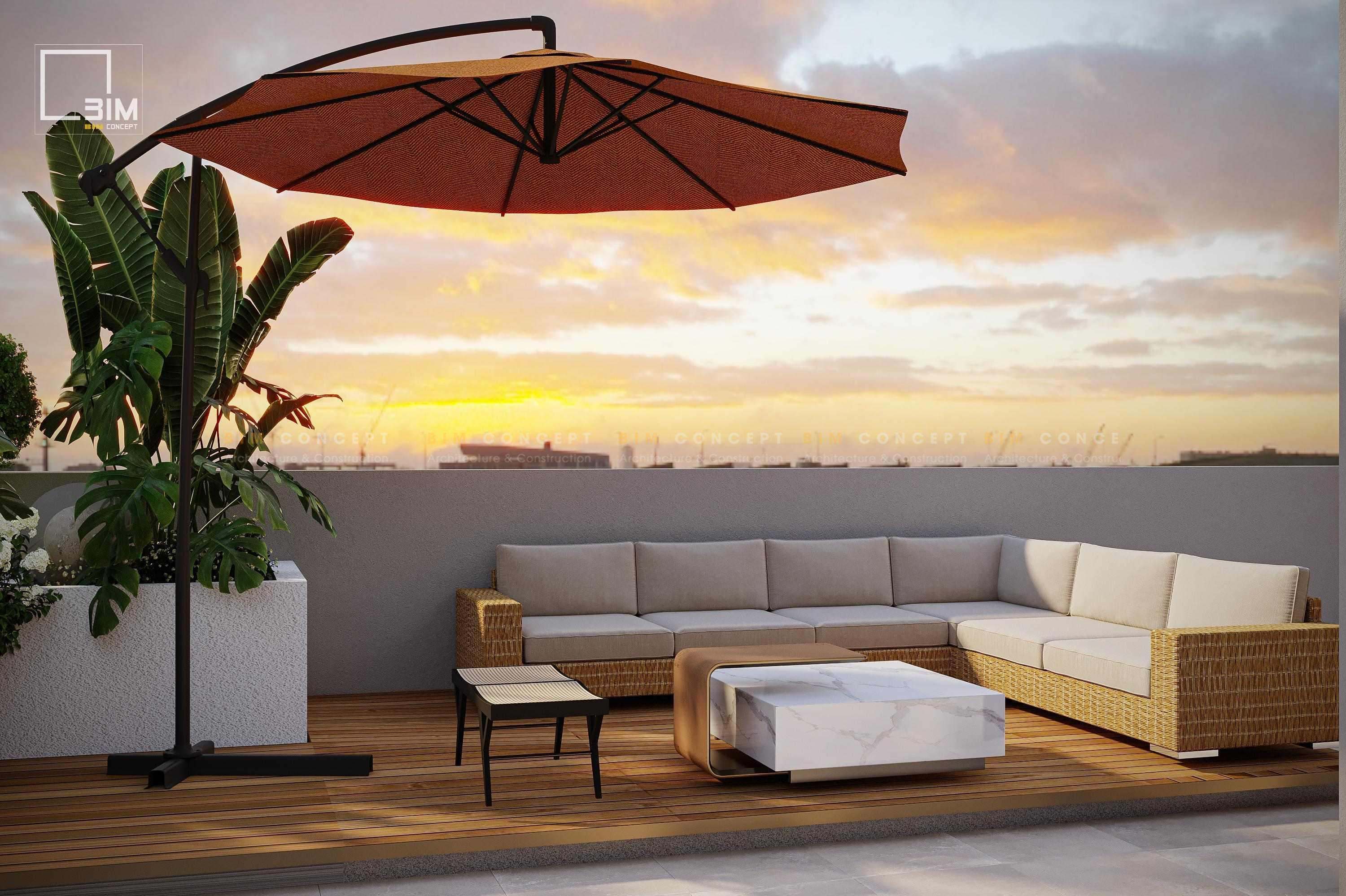 Khu vực tiếp khách sân thượng với sofa mây đan êm ái