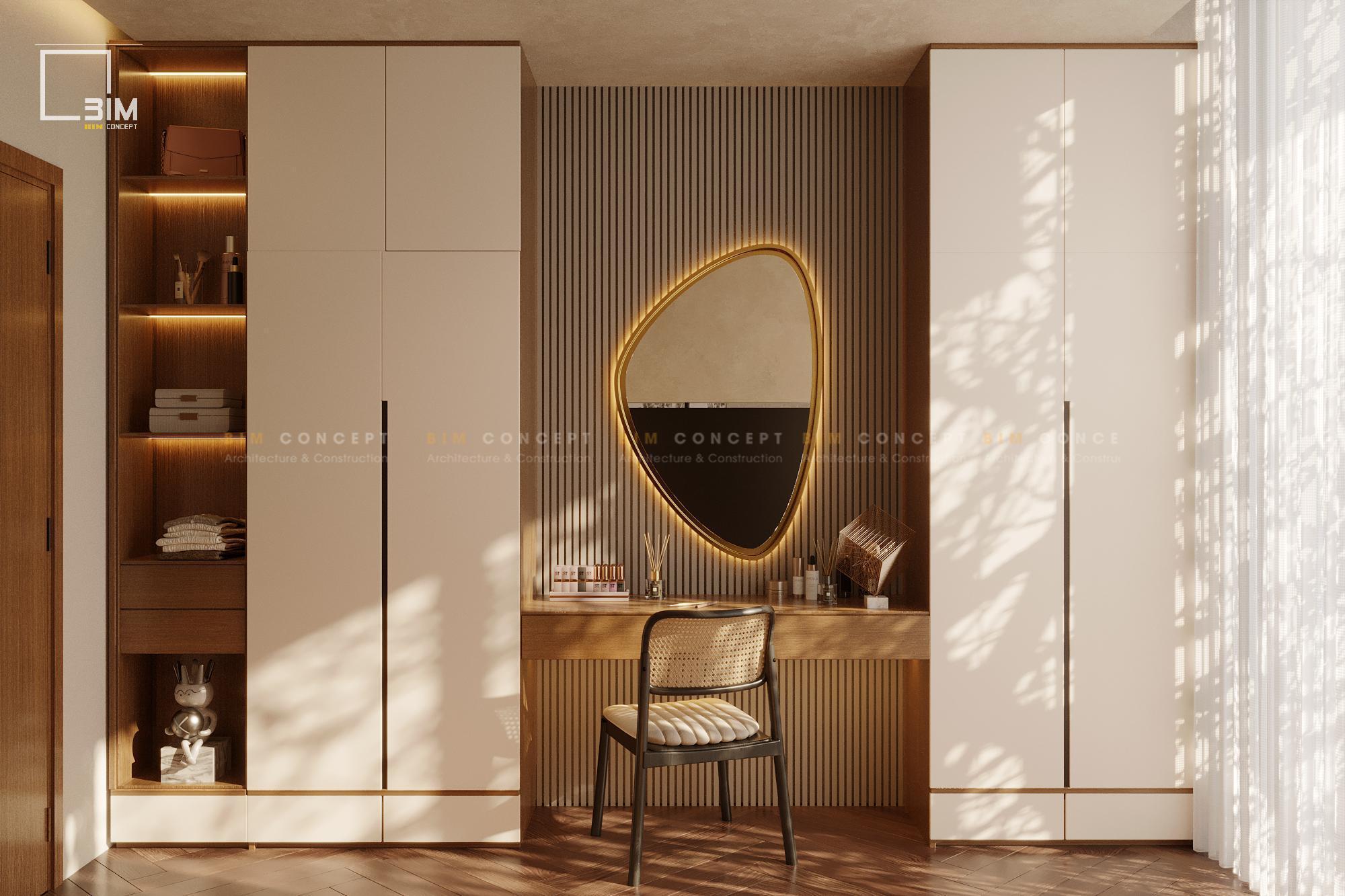 Khu vực trang điểm với bàn gỗ, ghế mây đan và gương LED