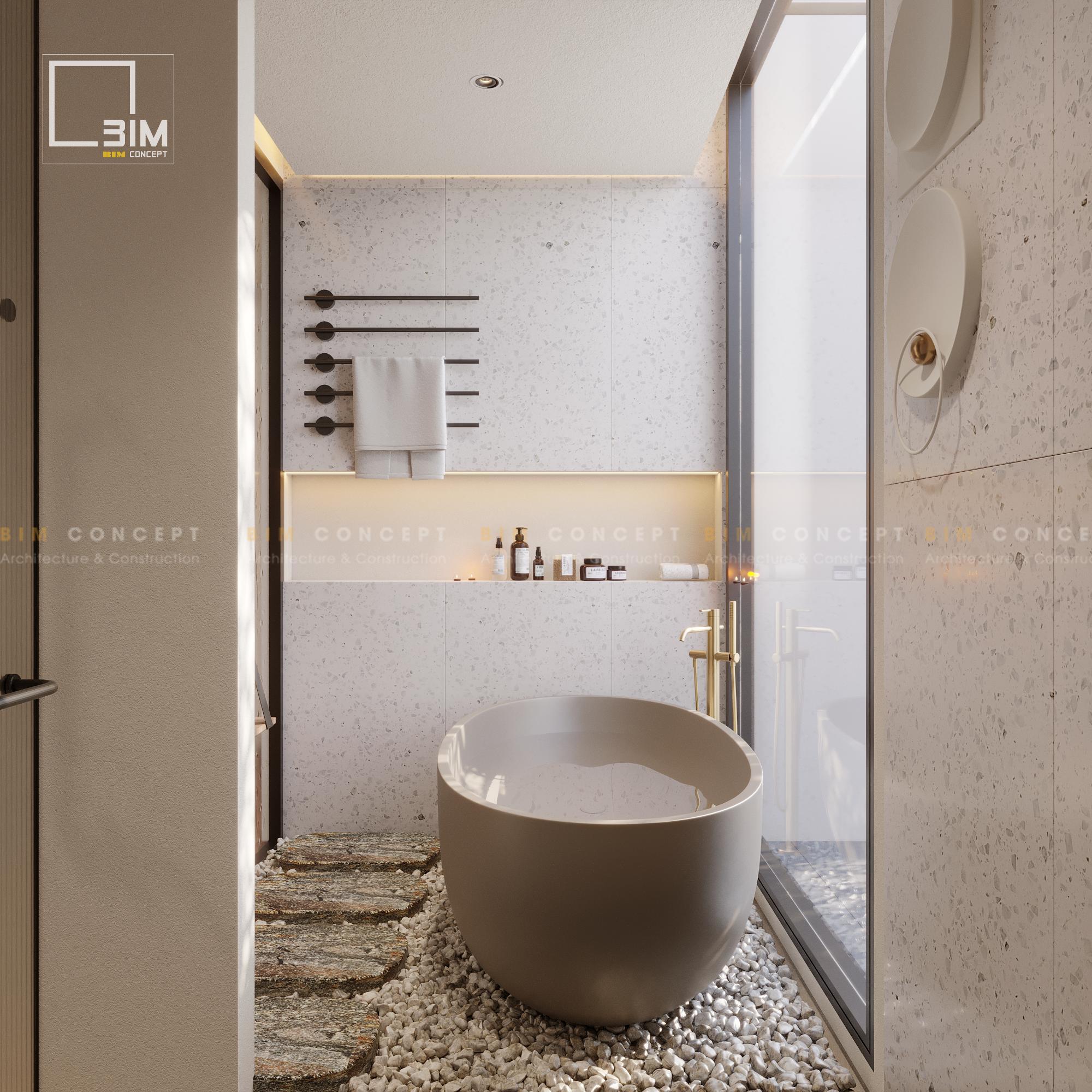 Lối vào phòng vệ sinh với khu vực bồn rửa mặt ấn tượng