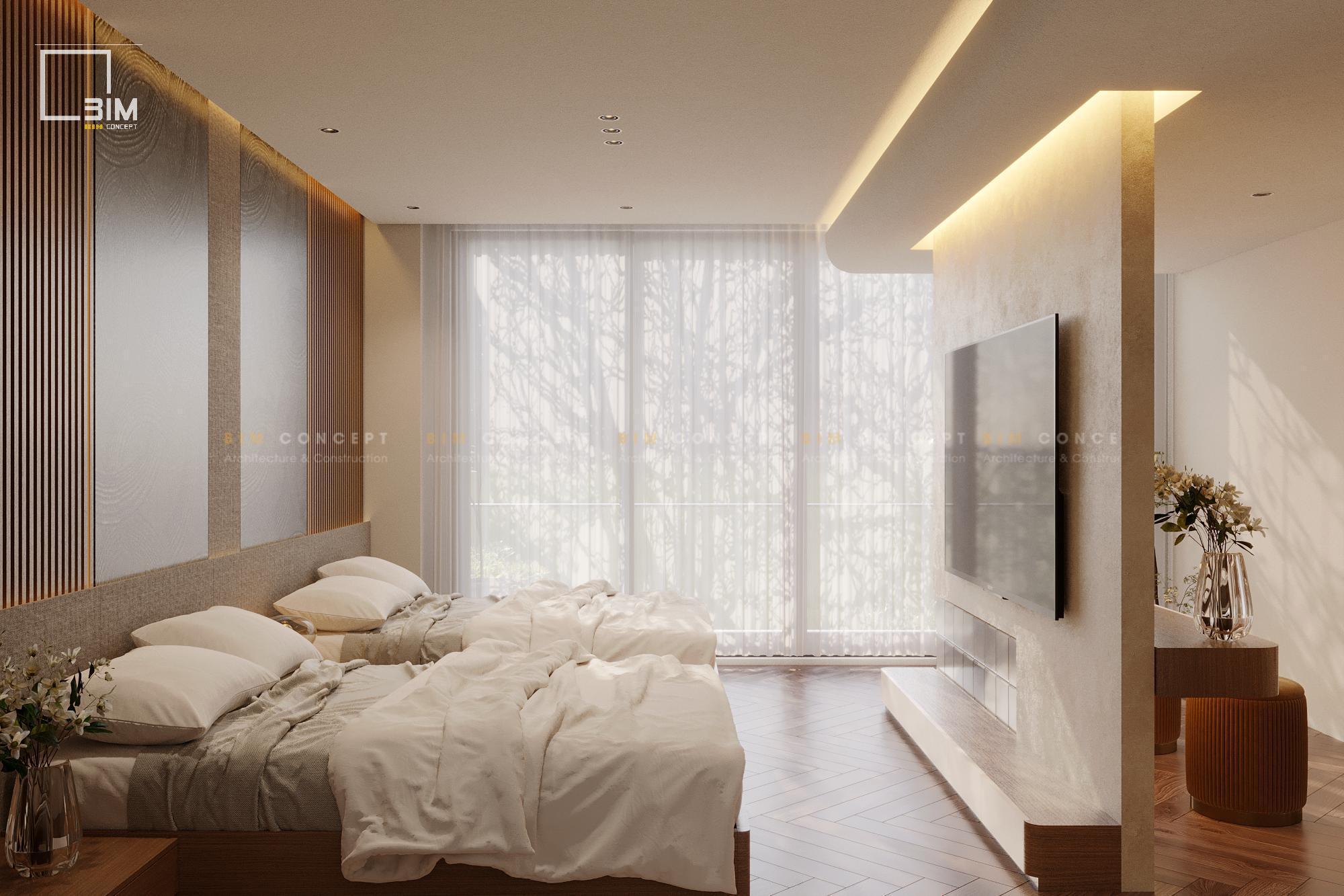 Mảng tường đầu giường ốp gỗ và họa tiết trang trí độc đáo