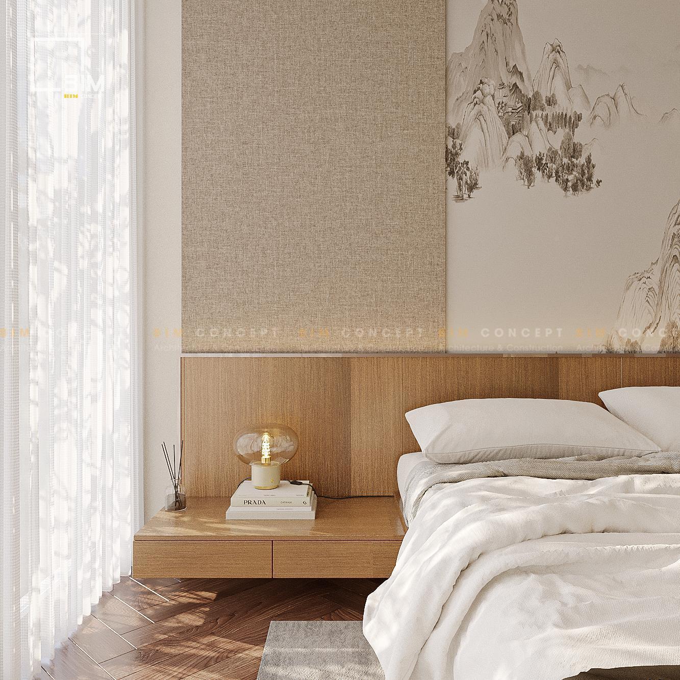 Mảng tường ốp vải kết hợp tranh thủy mặc phía đầu giường