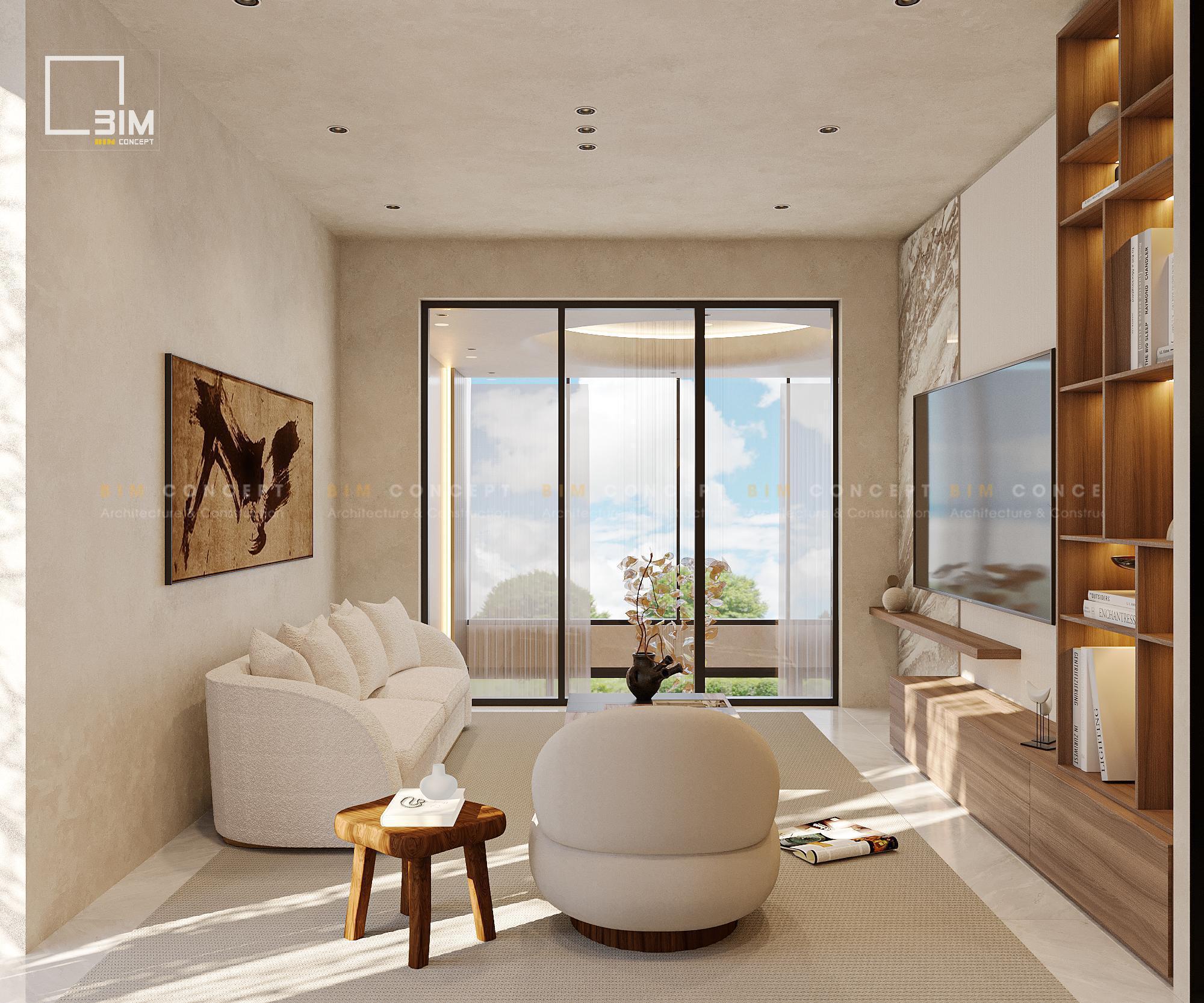 Mảng tường TV ốp đá marble và kệ sách trang trí nghệ thuật