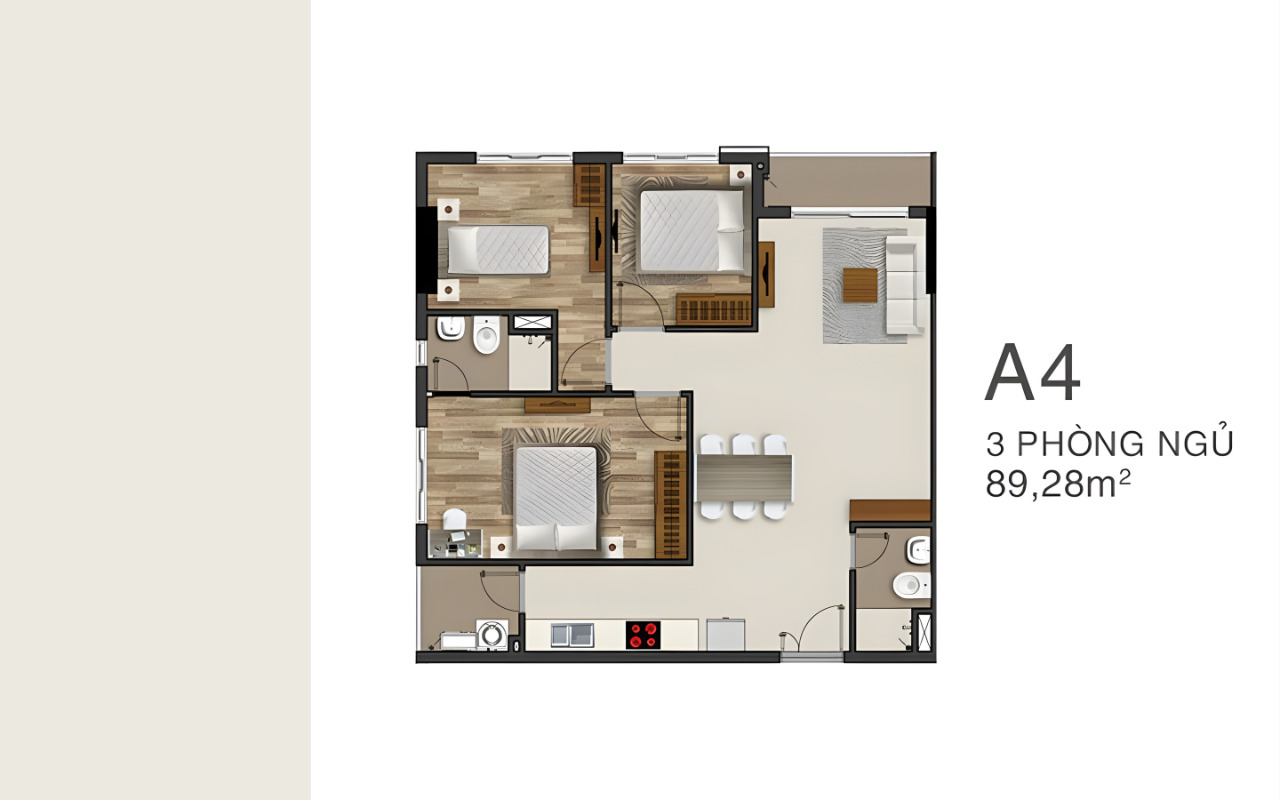 3D phối cảnh nội thất mặt bằng căn hộ 89m2