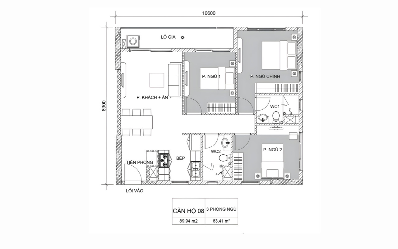 Tham khảo mặt bằng ố trí nội thất că hộ dịch vụ 89m2
