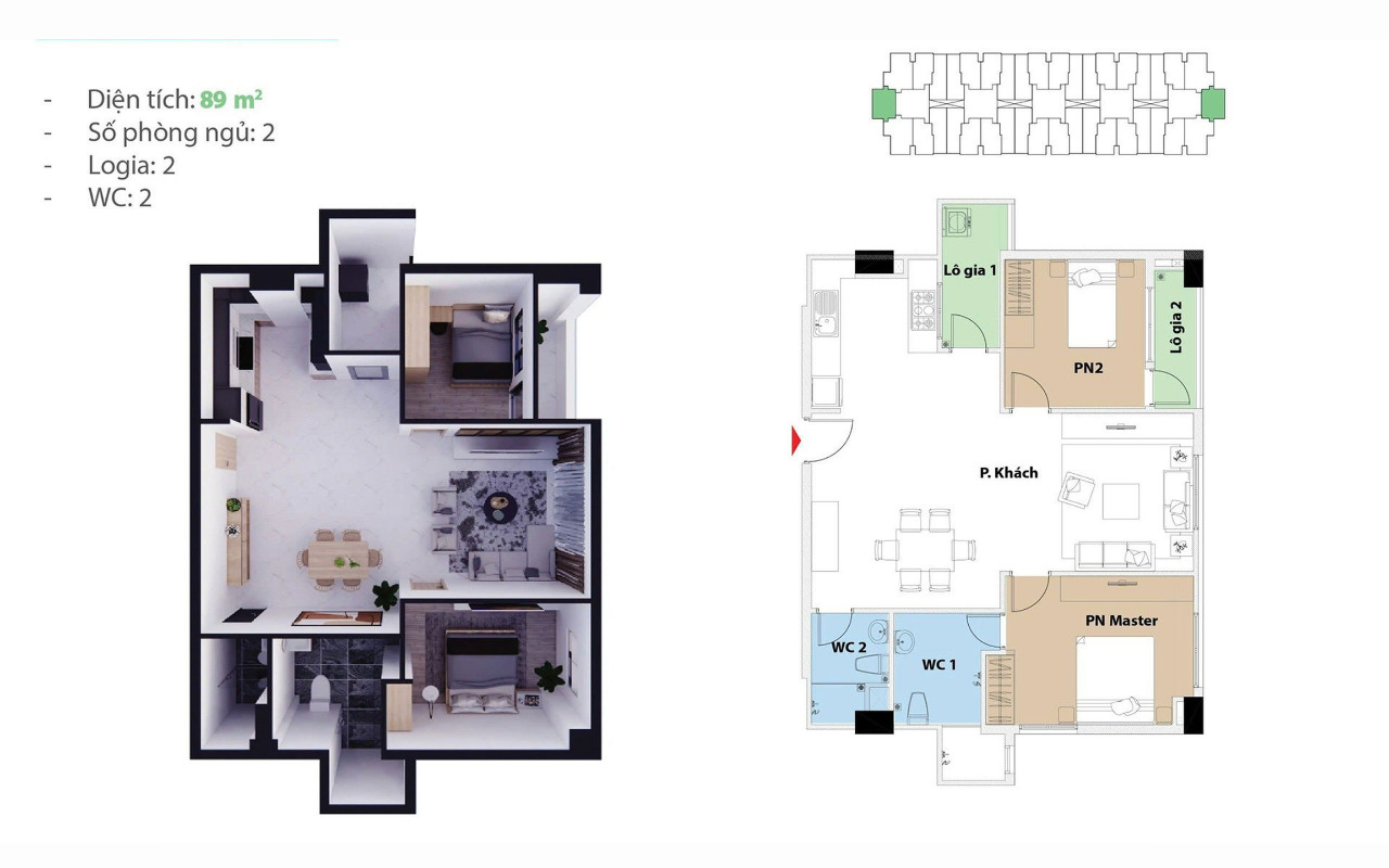 Mặt bằng bố trí nội thất căn hộ 89m2 - Nguồn: Tham khảo