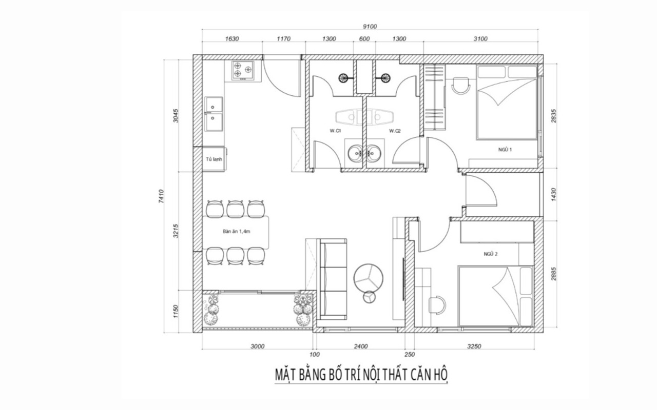 Gợi ý cách bố trí công năng căn hộ 69m2 (Nguồn: Tham khảo)