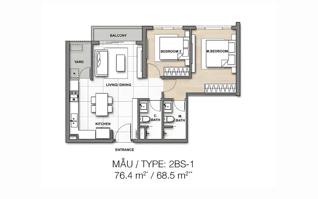 Mặt bằng bố trí nội thất căn hộ dịch vụ 69m2
