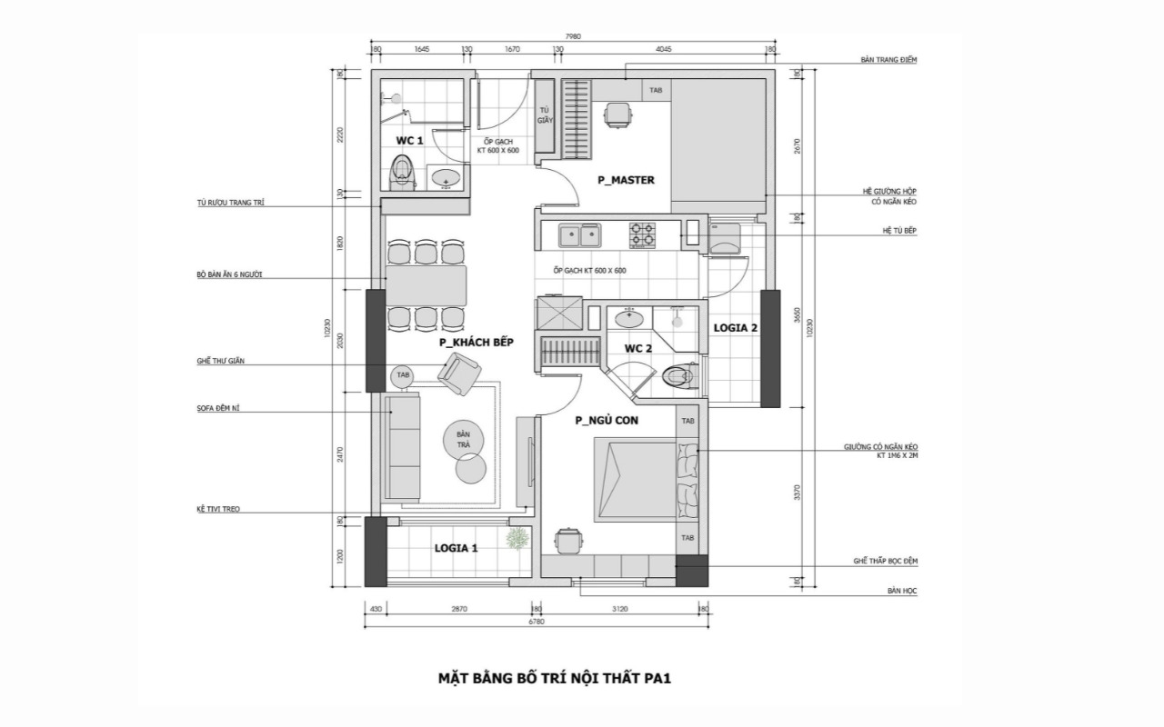 Mặt bằng bố trí nội thất căn hộ 69m2