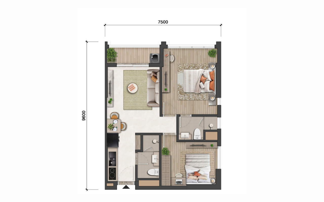 Tham khảo phối cảnh 3d mặt bằng bố trí nội thất căn hộ 69m2