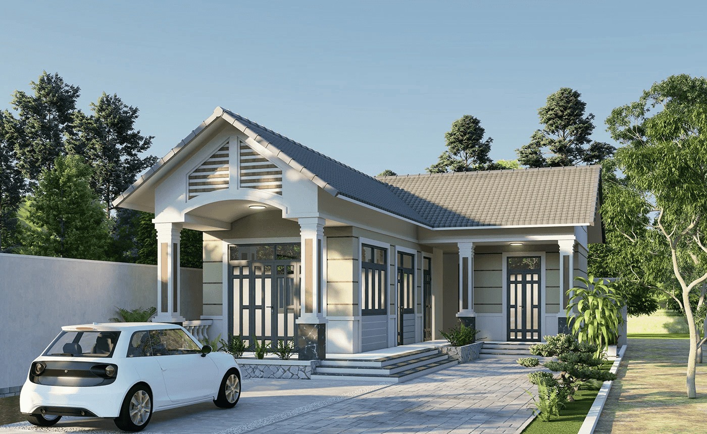 Mẫu nhà cấp 4 chữ L 3 phòng ngủ sân vườn thoáng đãng